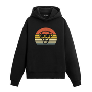 Retro günbatımı dairesinde güneş gözlüklü köpek baskılı siyah hoodie