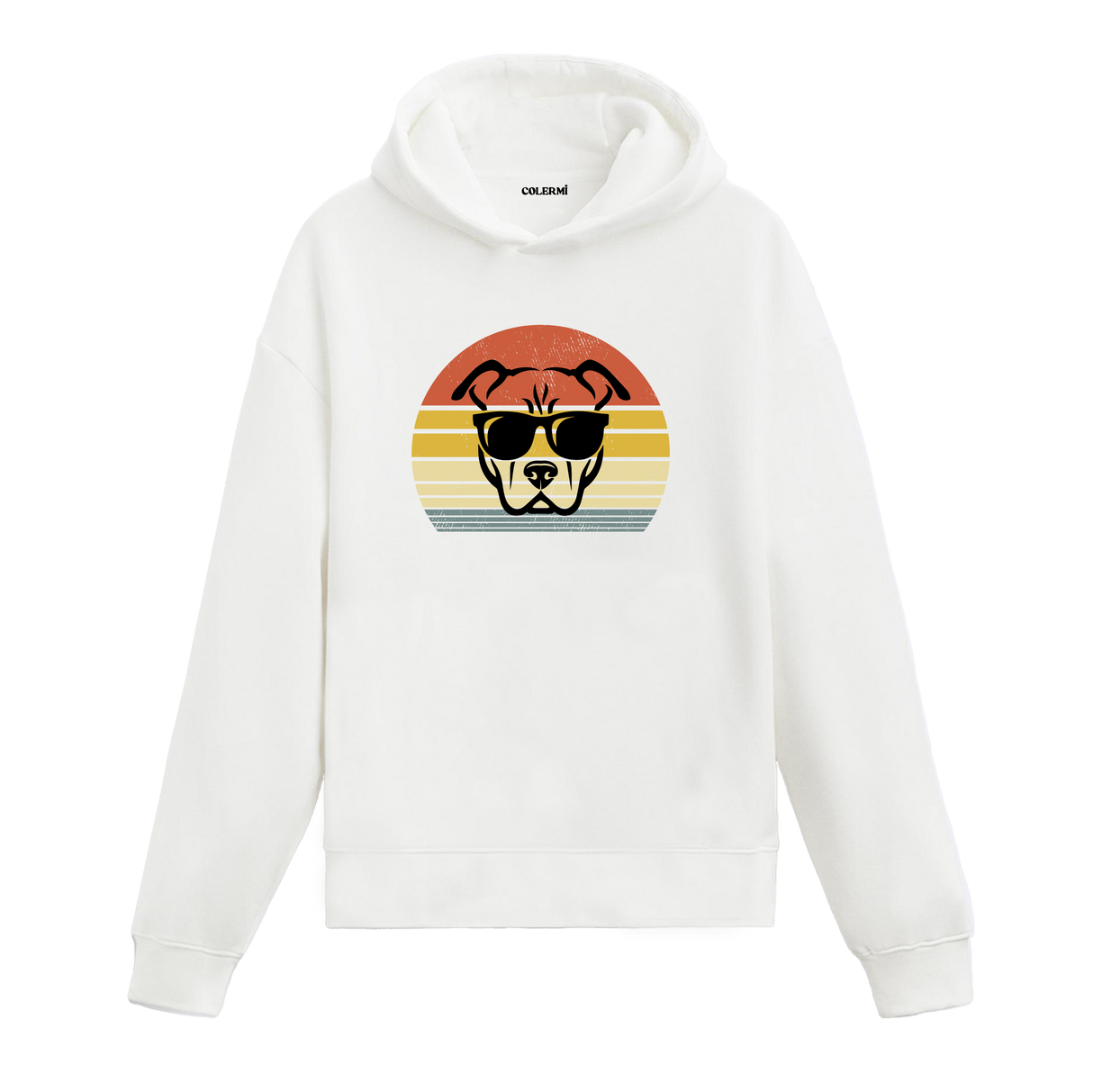Retro günbatımı dairesinde güneş gözlüklü pitbull baskılı beyaz hoodie