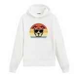Retro günbatımı dairesinde güneş gözlüklü pitbull baskılı beyaz hoodie