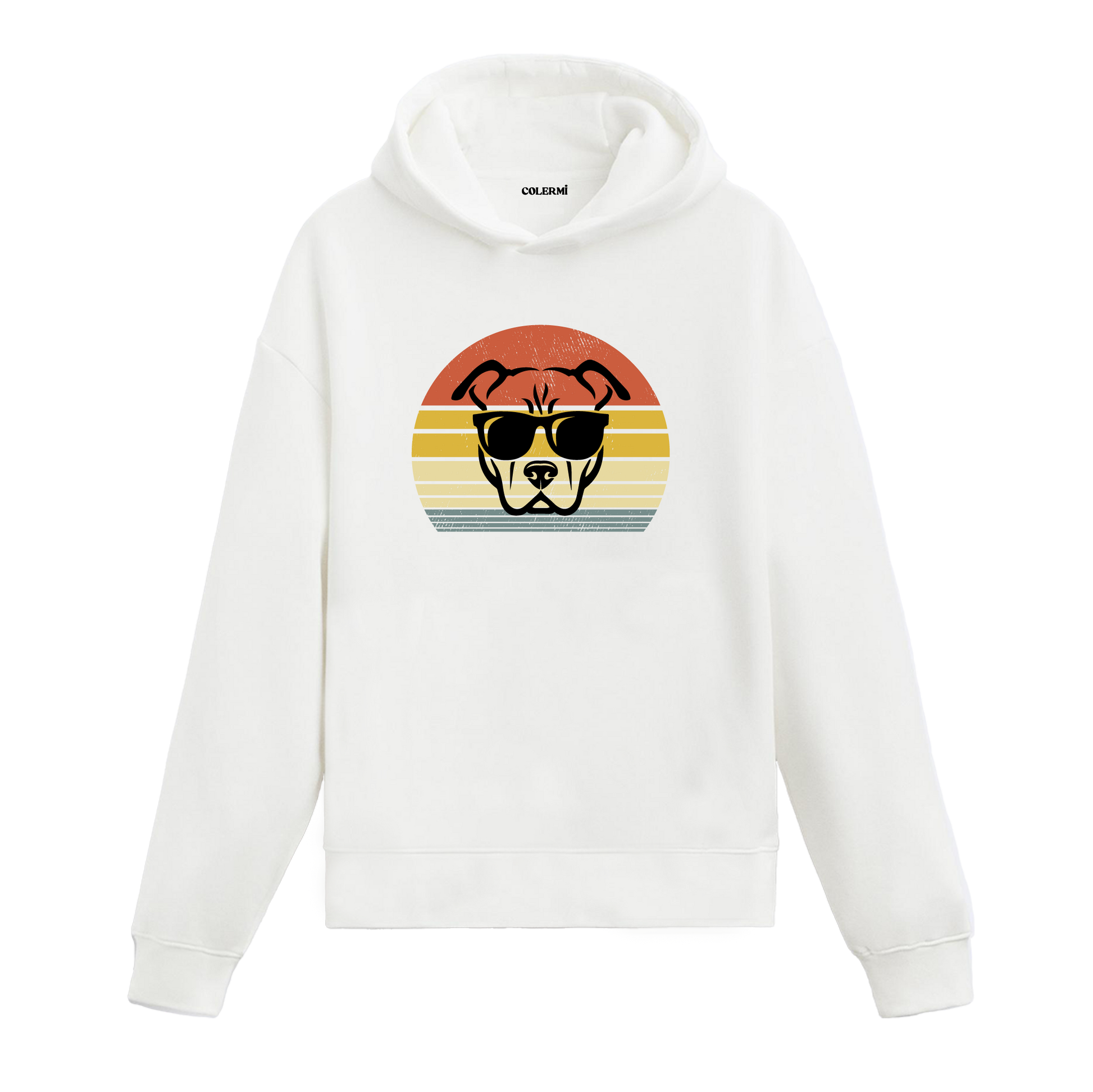 Retro günbatımı dairesinde güneş gözlüklü pitbull baskılı beyaz hoodie