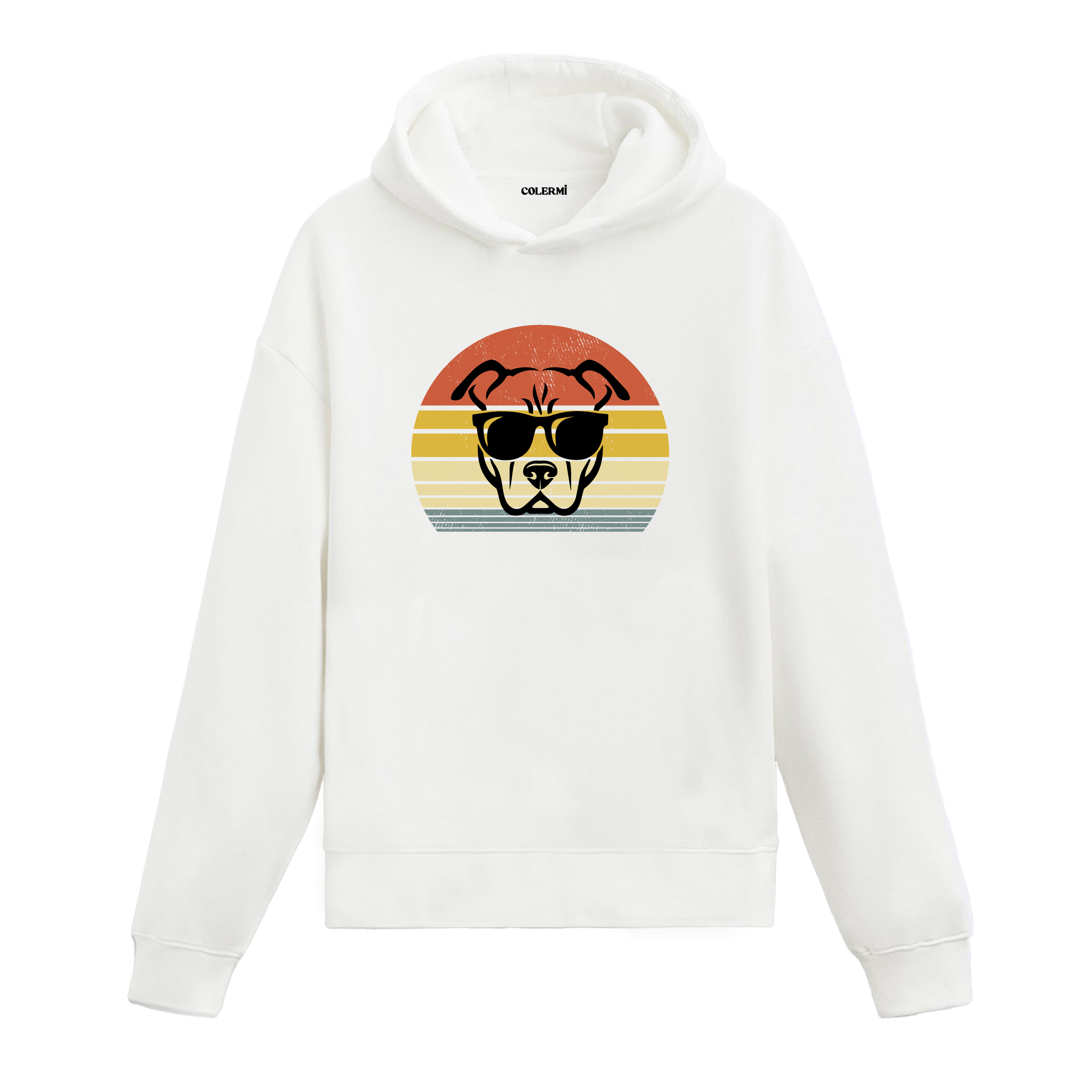 Retro günbatımı dairesinde güneş gözlüklü pitbull baskılı beyaz hoodie
