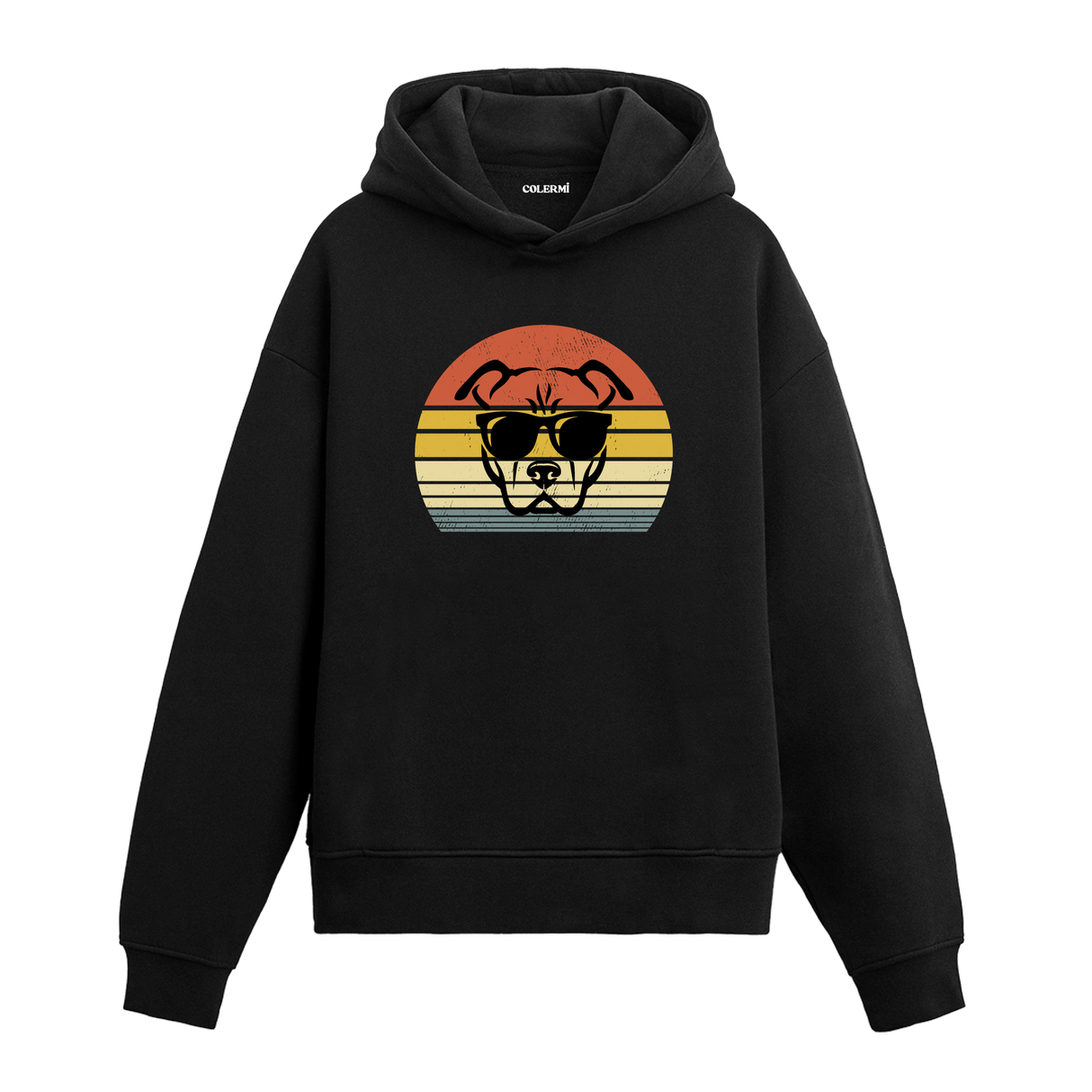 Retro günbatımı dairesinde güneş gözlüklü pitbull baskılı siyah hoodie