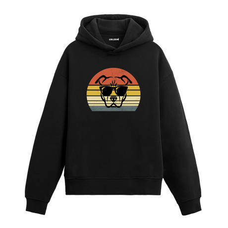 Retro günbatımı dairesinde güneş gözlüklü pitbull baskılı siyah hoodie