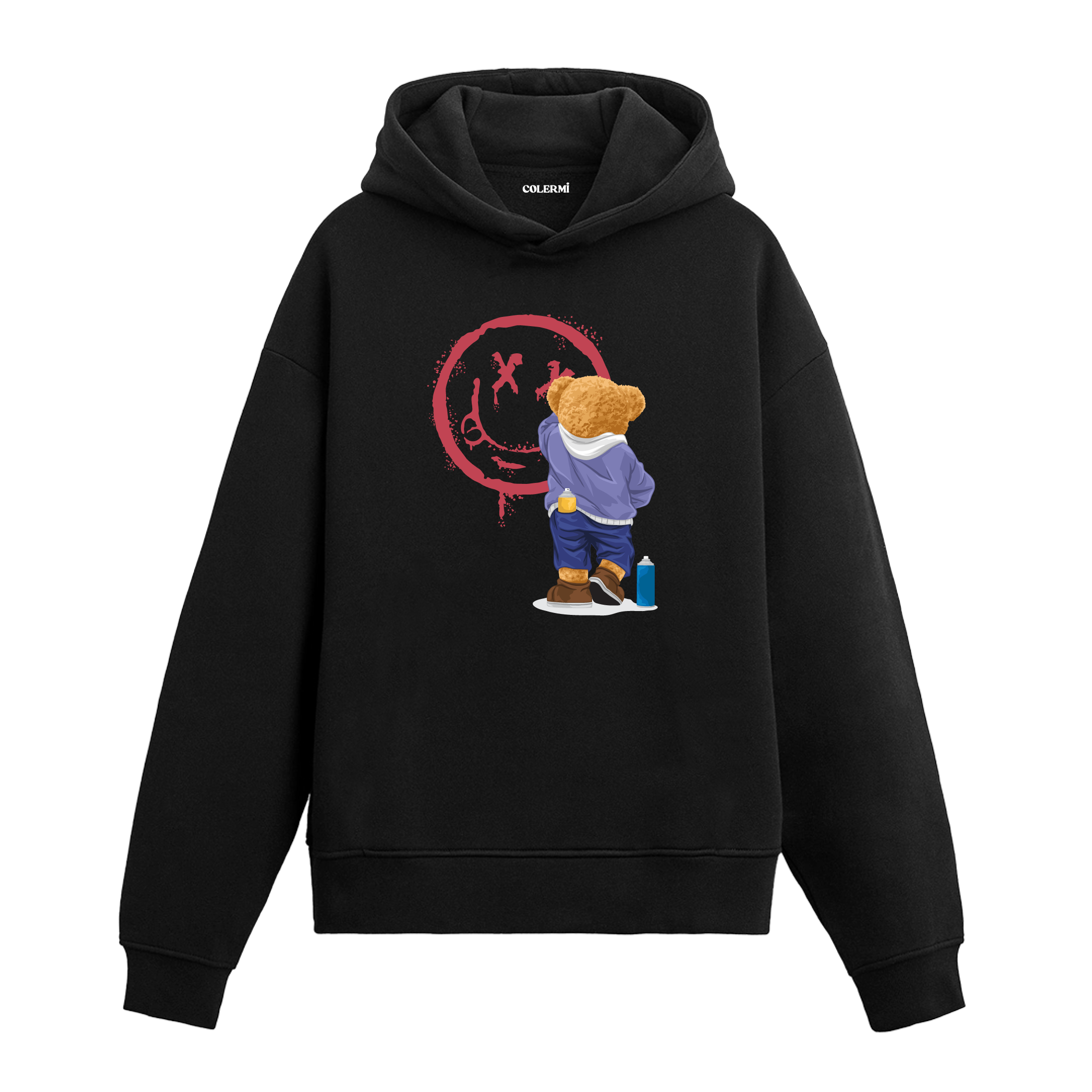 Sprey boya ile kırmızı graffiti çizen ayıcık figürlü hoodie tasarımı.