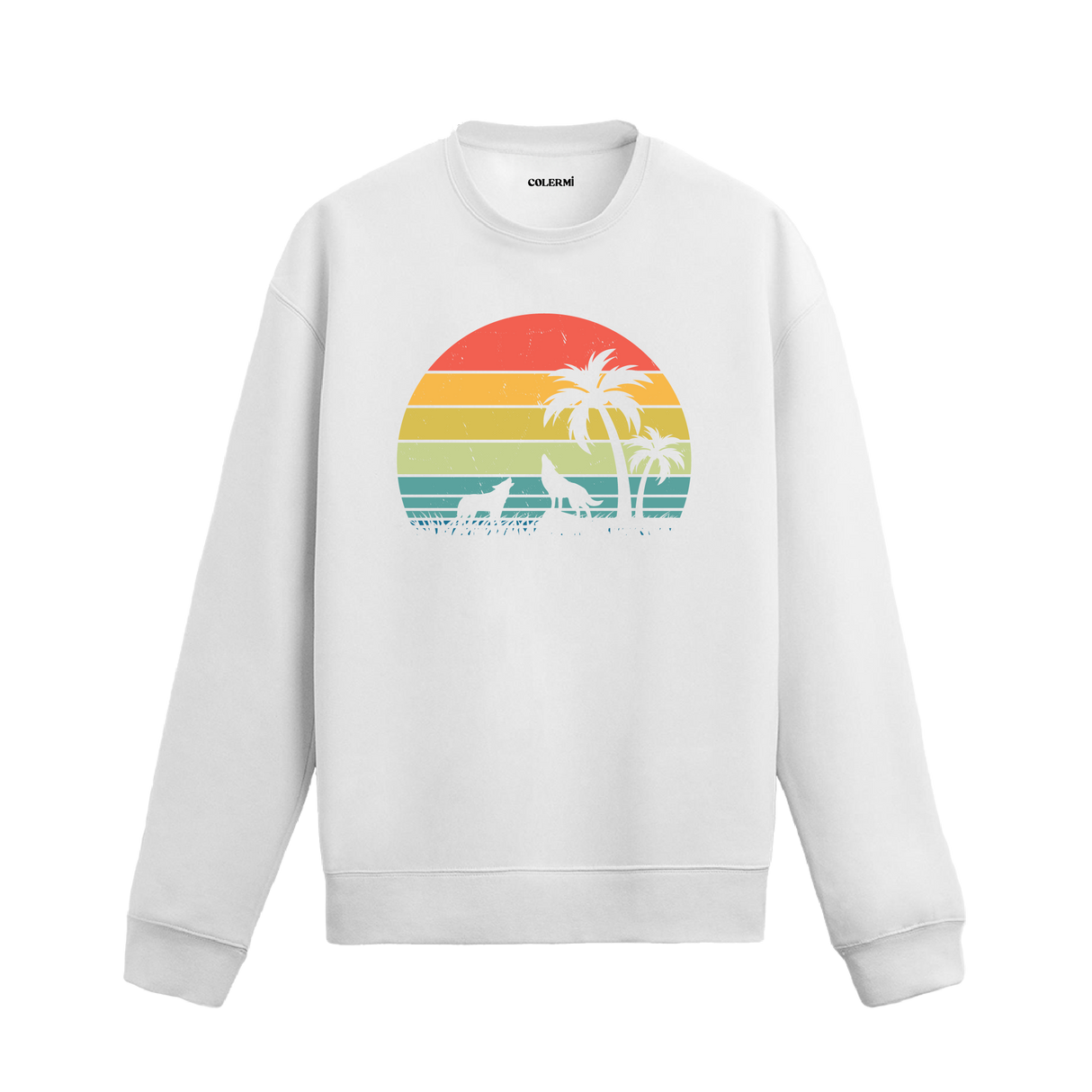 Gün batımı fonunda palmiye ve kurt silüeti tasarımlı siyah sweatshirt.