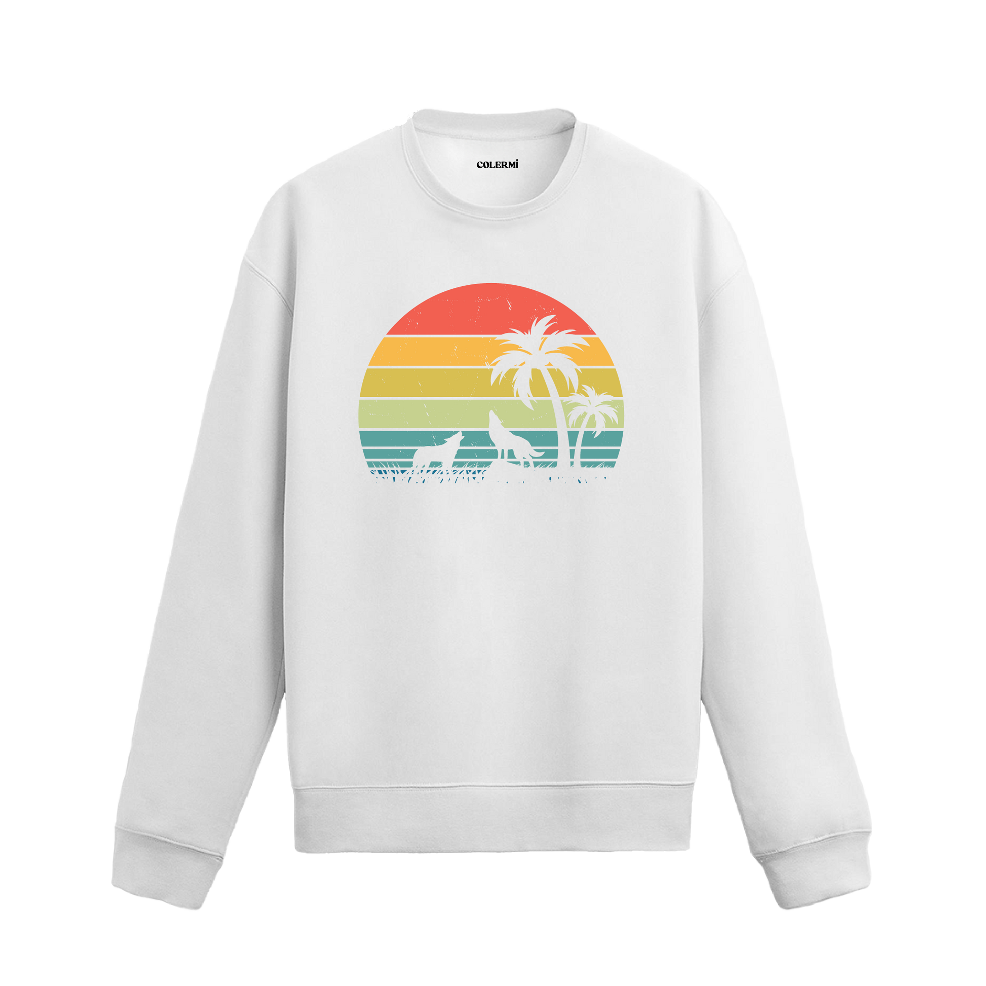 Gün batımı fonunda palmiye ve kurt silüeti tasarımlı siyah sweatshirt.