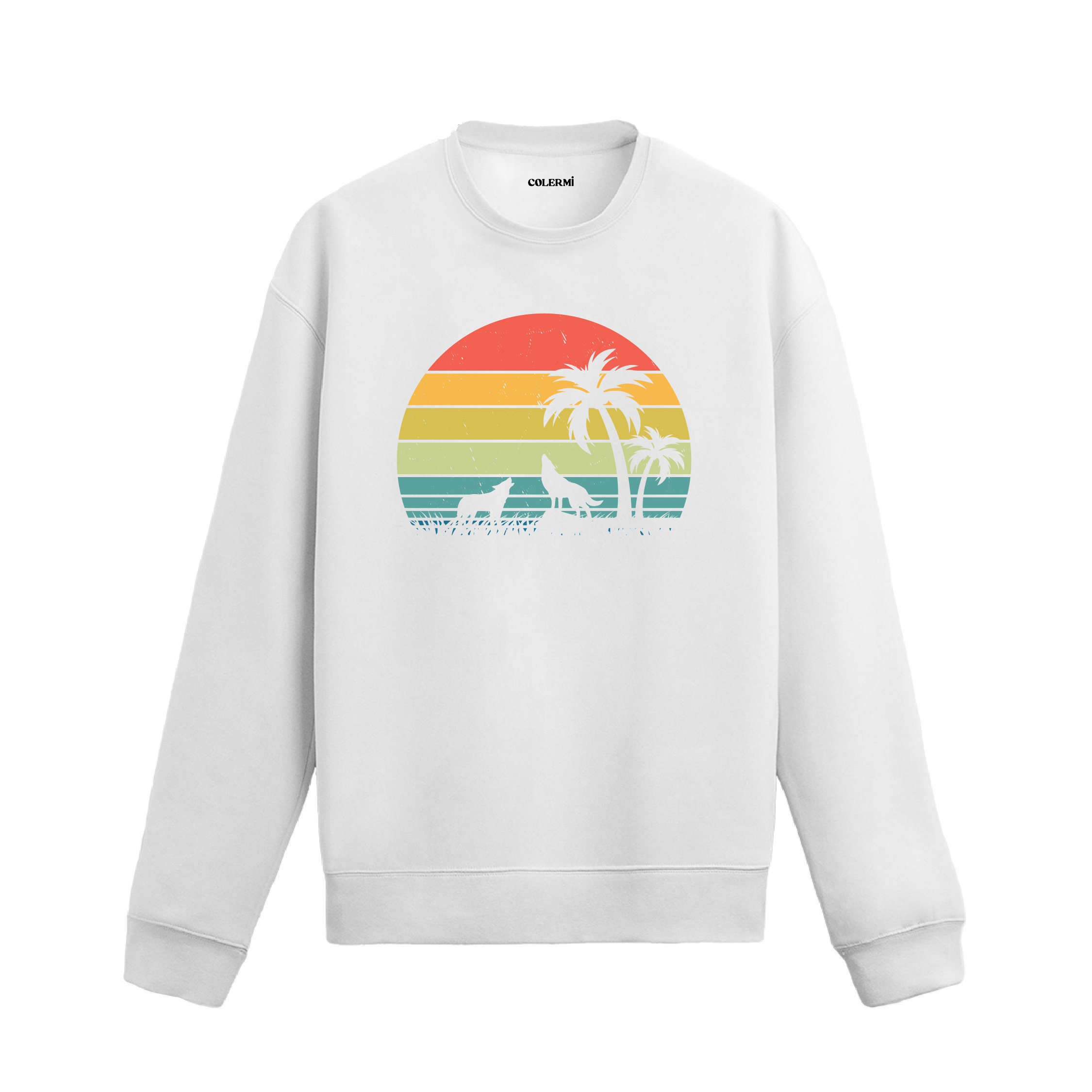 Gün batımı fonunda palmiye ve kurt silüeti tasarımlı siyah sweatshirt.