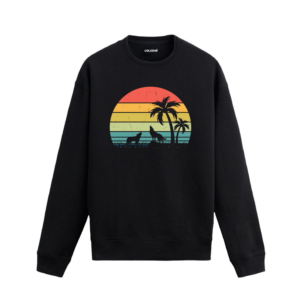 Gün batımı fonunda palmiye ve kurt silüeti tasarımlı siyah sweatshirt.