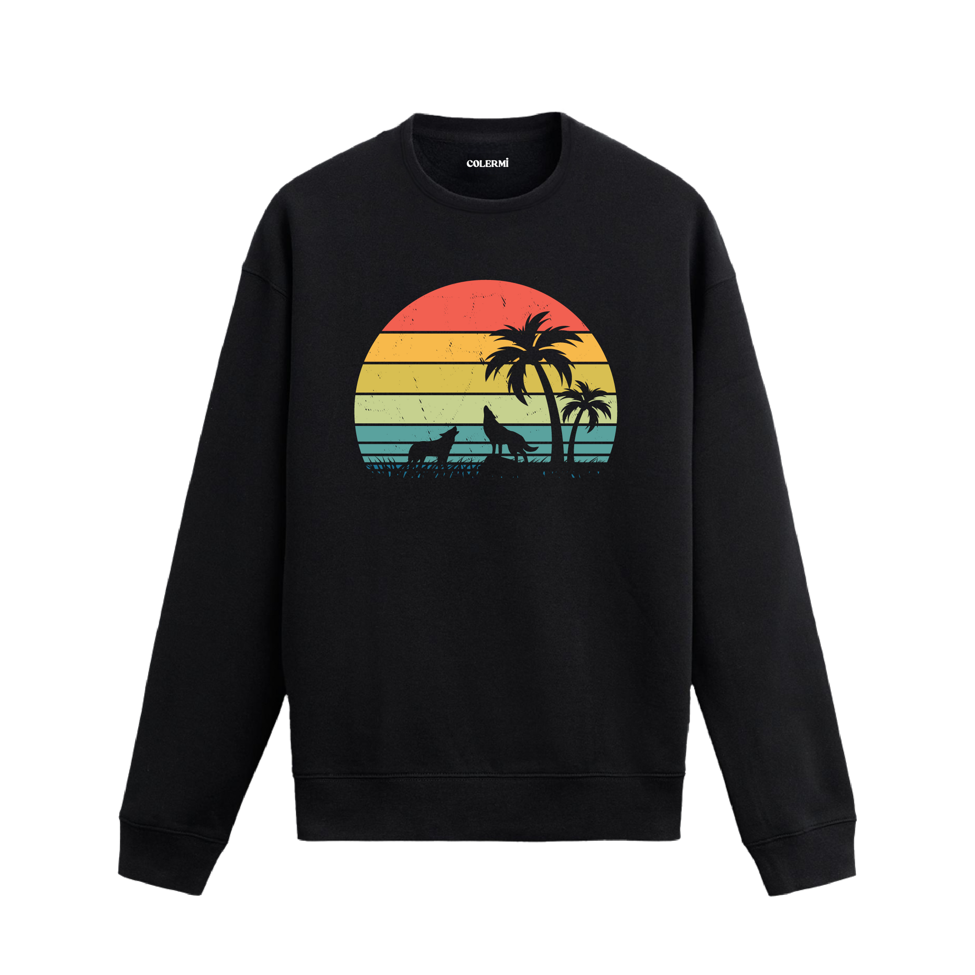 Gün batımı fonunda palmiye ve kurt silüeti tasarımlı siyah sweatshirt.