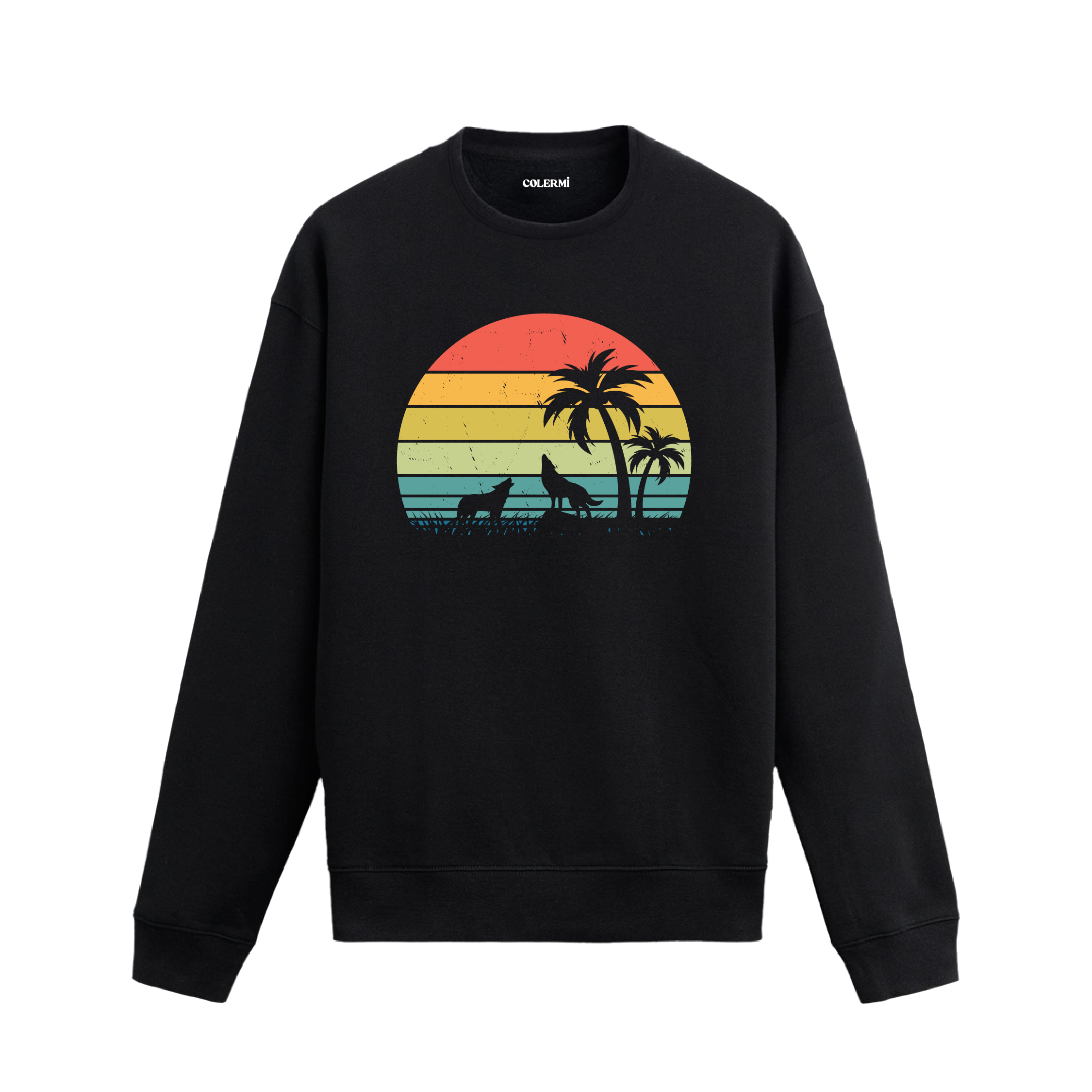 Gün batımı fonunda palmiye ve kurt silüeti tasarımlı siyah sweatshirt.