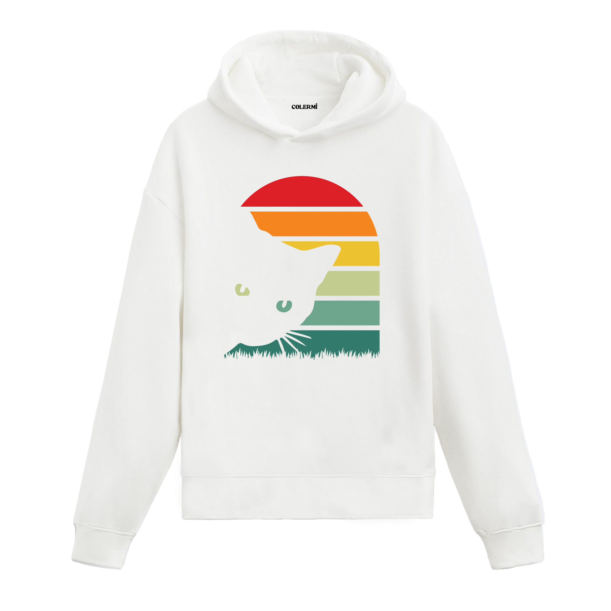 Kemerli retro günbatımı ve kedi baskılı beyaz hoodie
