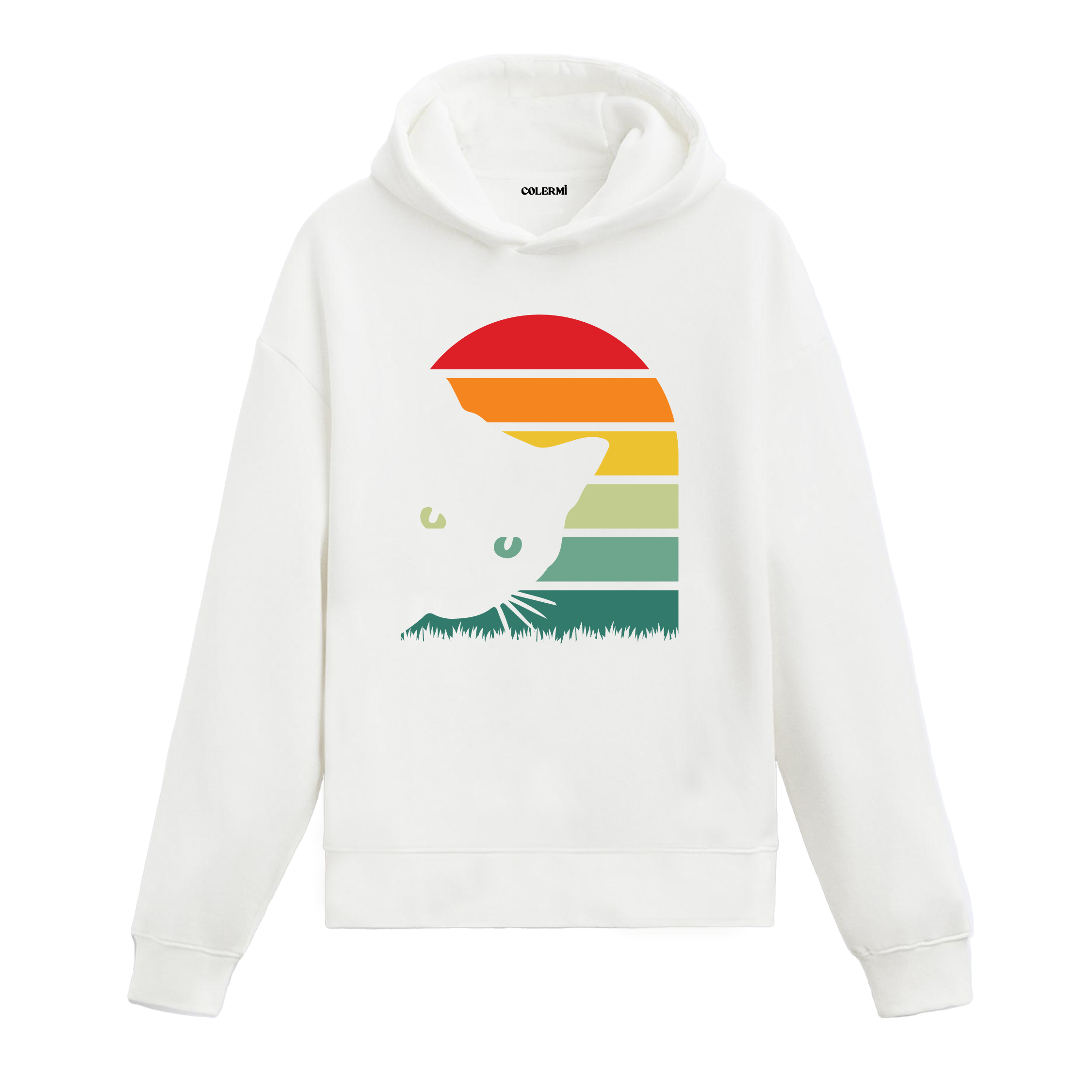 Kemerli retro günbatımı ve kedi baskılı beyaz hoodie