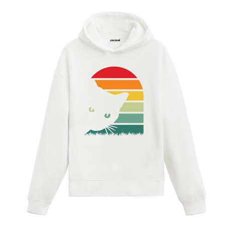 Kemerli retro günbatımı ve kedi baskılı beyaz hoodie