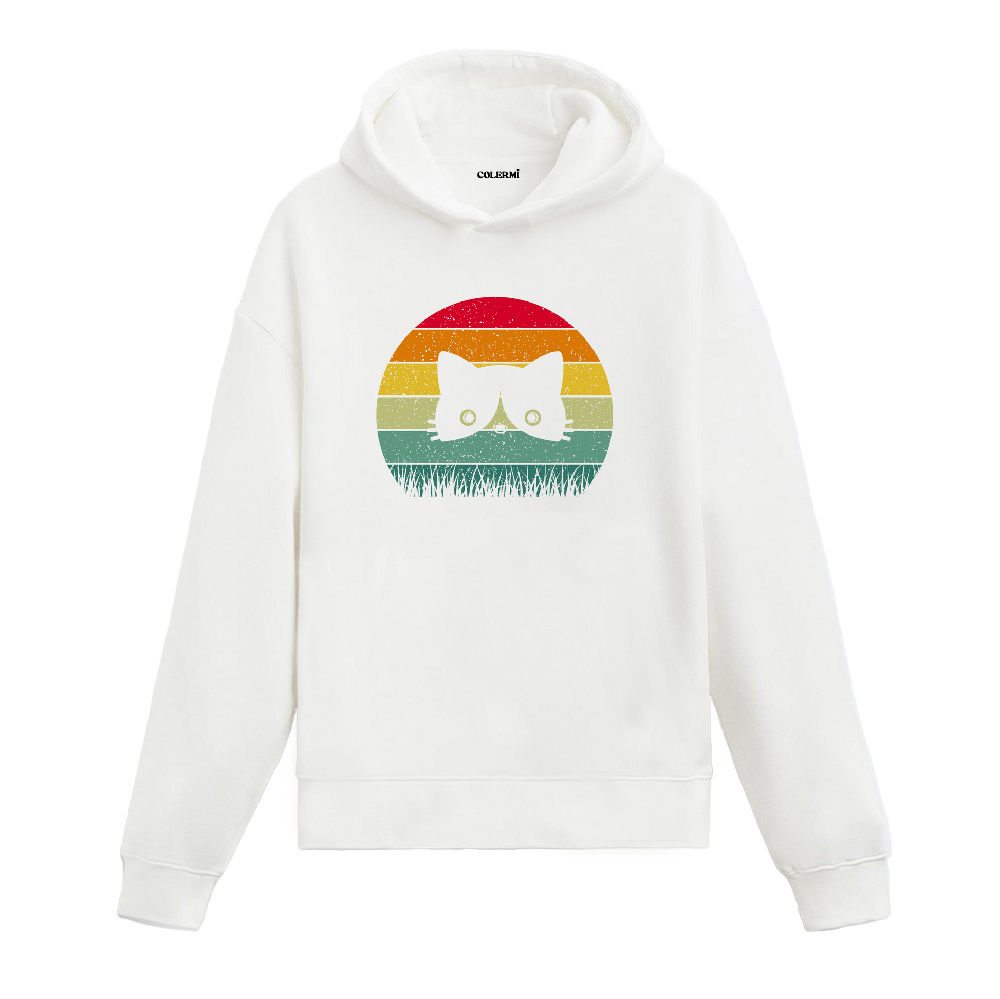 Retro günbatımı dairesinde çimenlerin ardından bakan kedi baskılı beyaz hoodie
