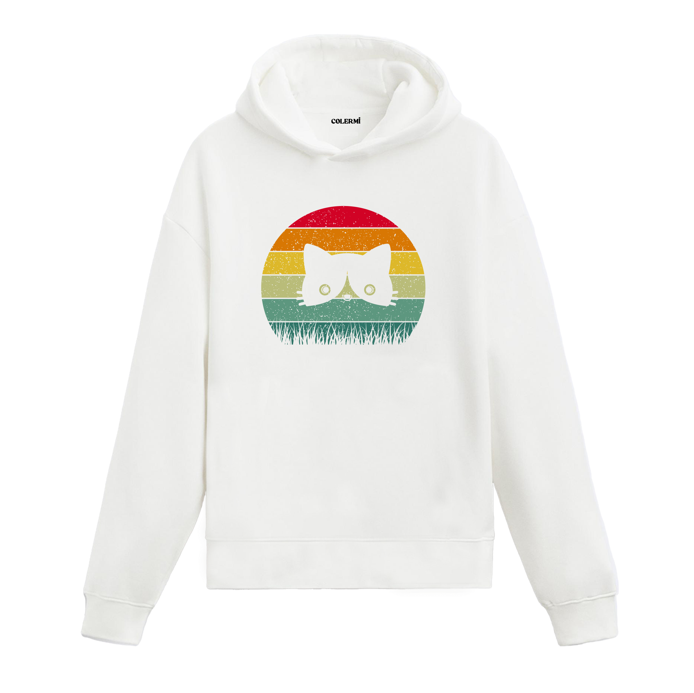 Retro günbatımı dairesinde çimenlerin ardından bakan kedi baskılı beyaz hoodie