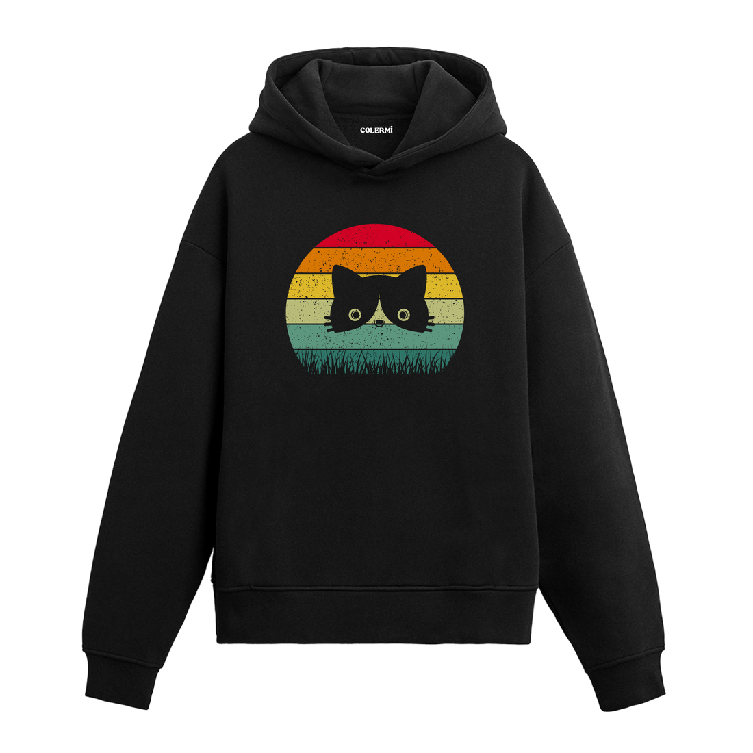 Retro günbatımı dairesinde çimenlerin ardından bakan kedi baskılı siyah hoodie