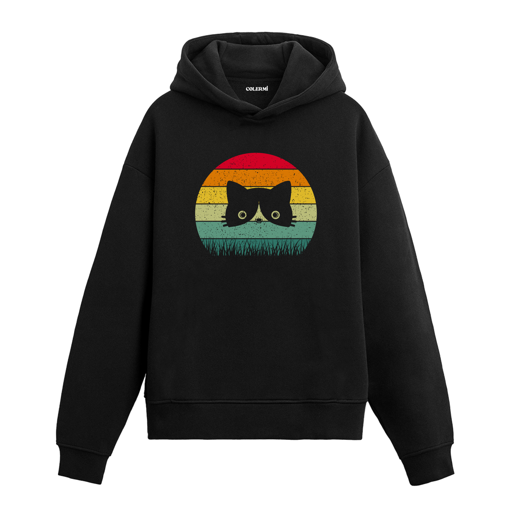 Retro günbatımı dairesinde çimenlerin ardından bakan kedi baskılı siyah hoodie
