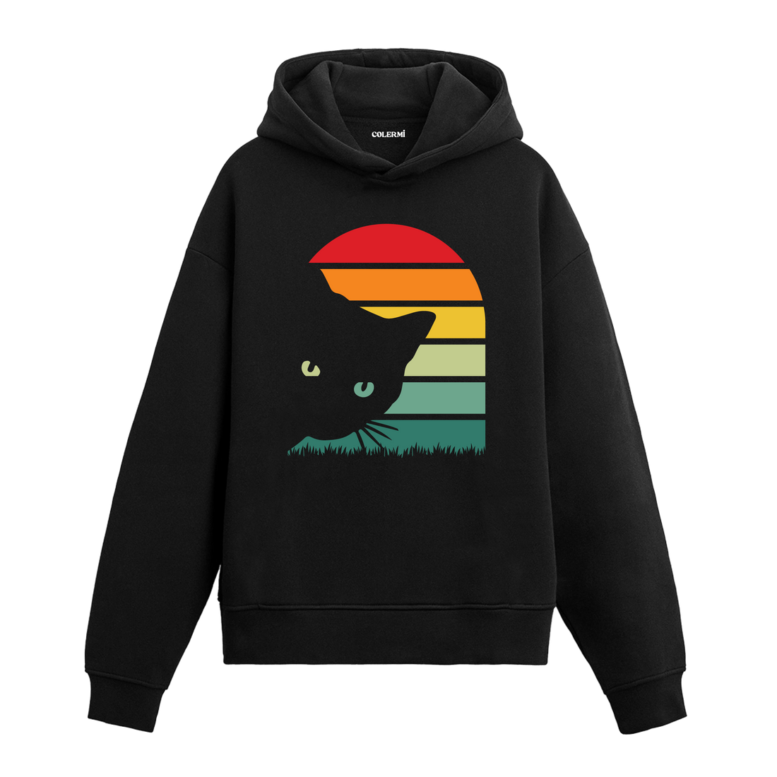 Kemerli retro günbatımı ve kedi baskılı siyah hoodie