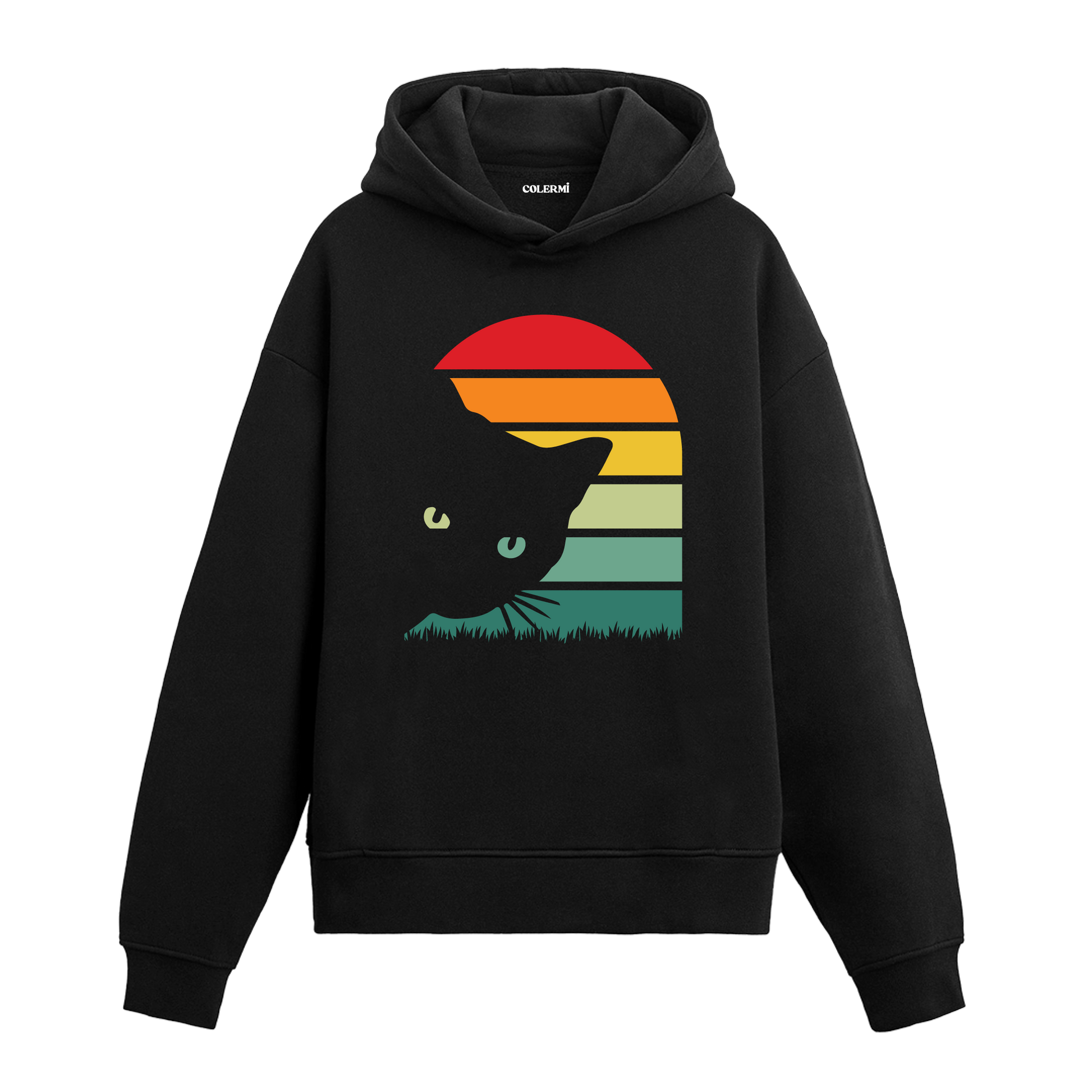 Kemerli retro günbatımı ve kedi baskılı siyah hoodie