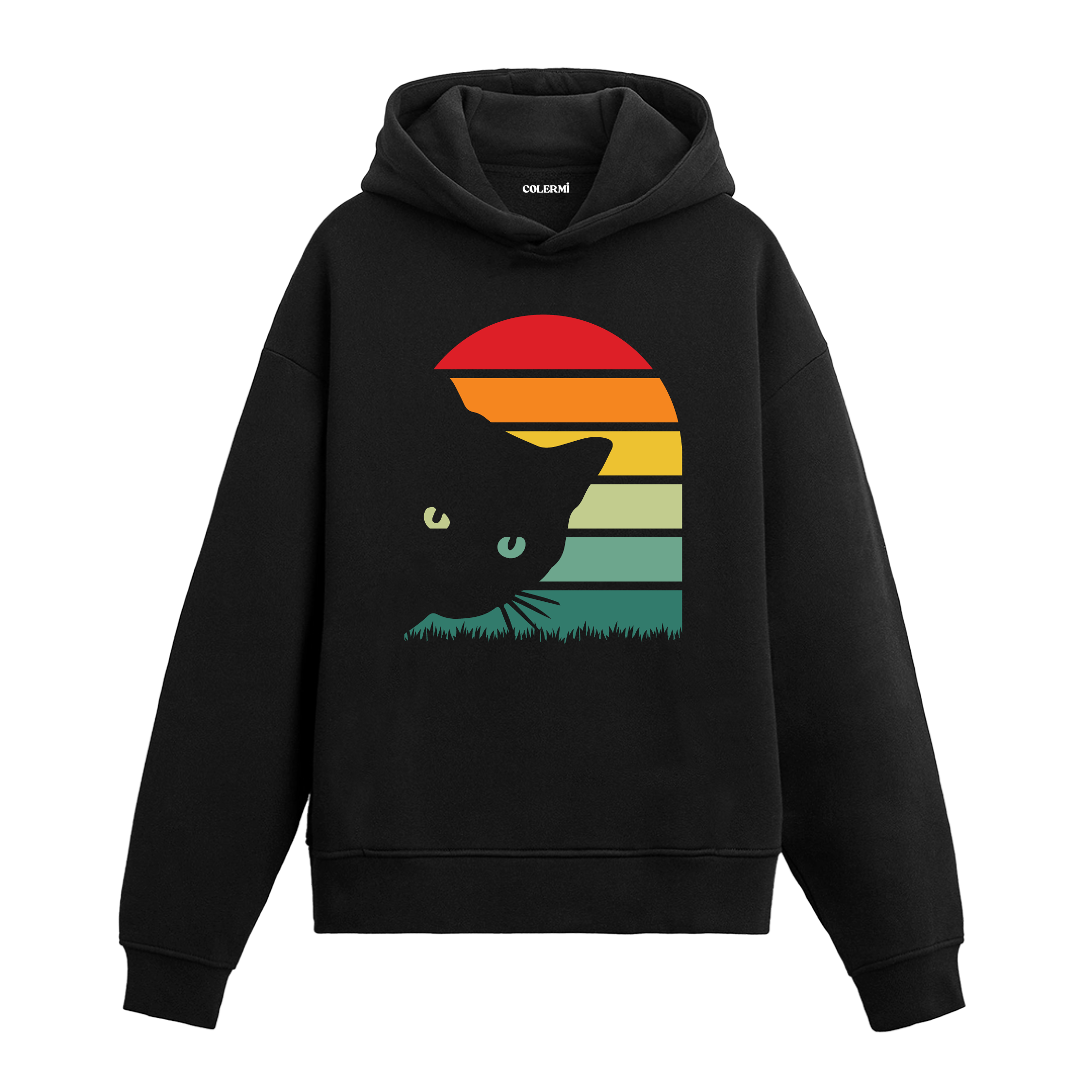 Kemerli retro günbatımı ve kedi baskılı siyah hoodie