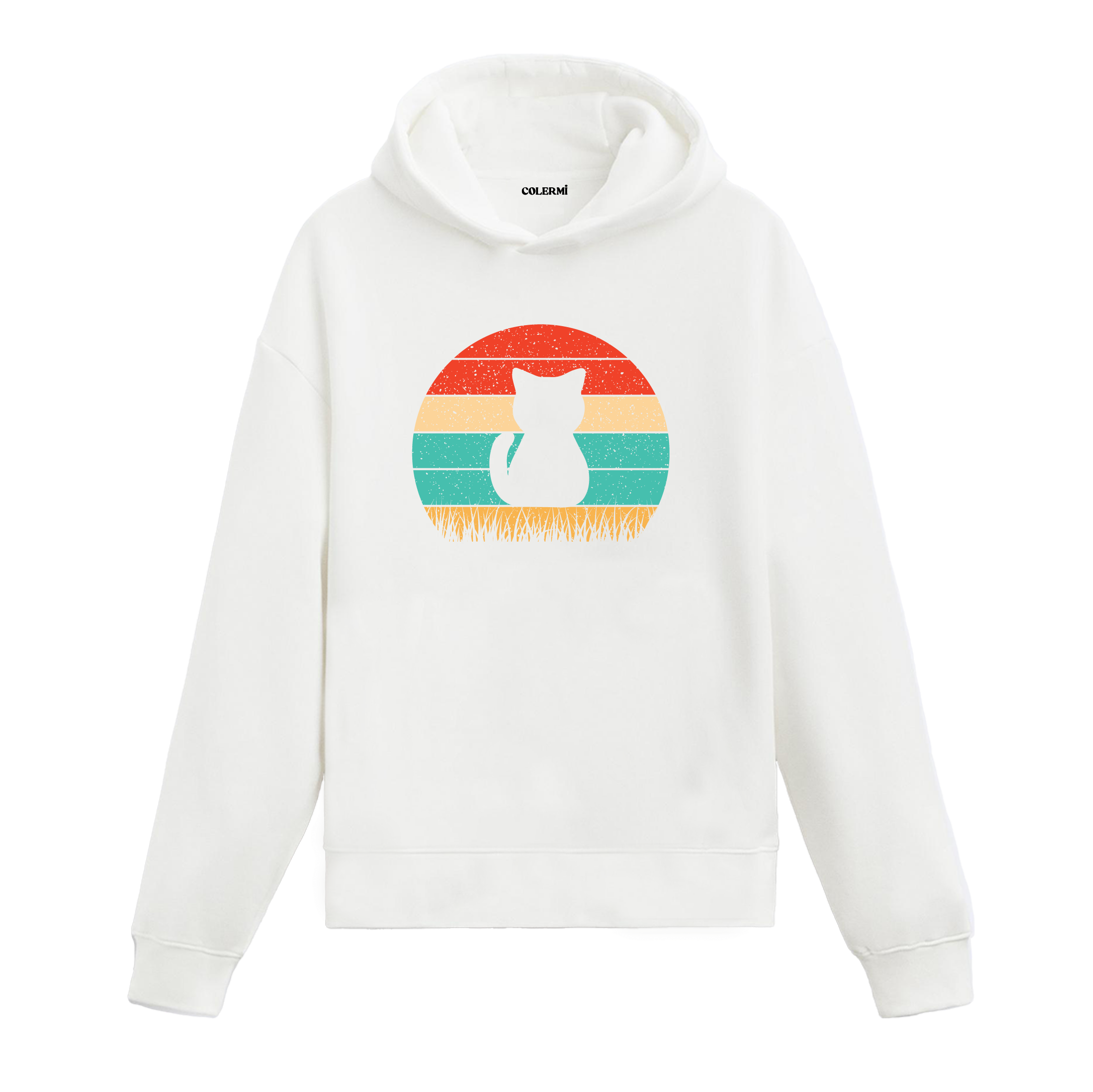 Retro günbatımı dairesinde çim üstünde oturan kedi baskılı beyaz hoodie