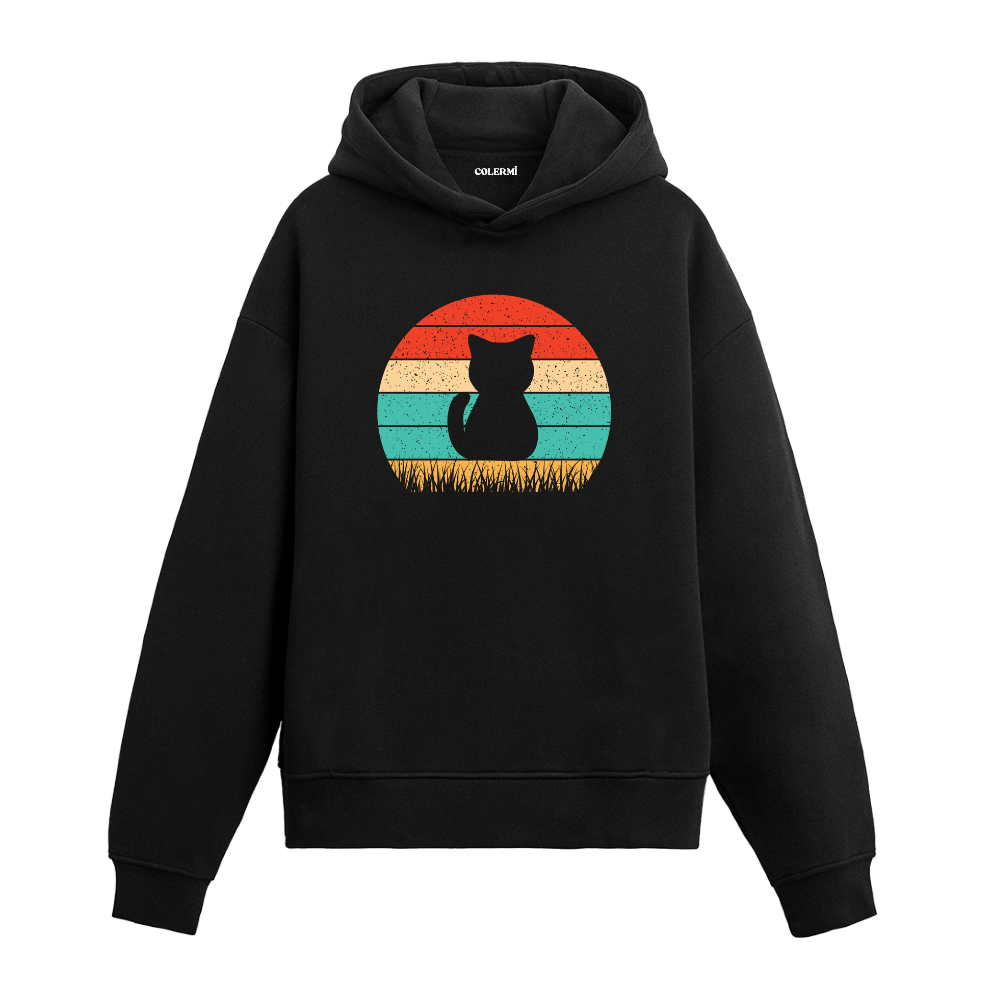 Retro günbatımı dairesinde çim üstünde oturan kedi baskılı siyah hoodie