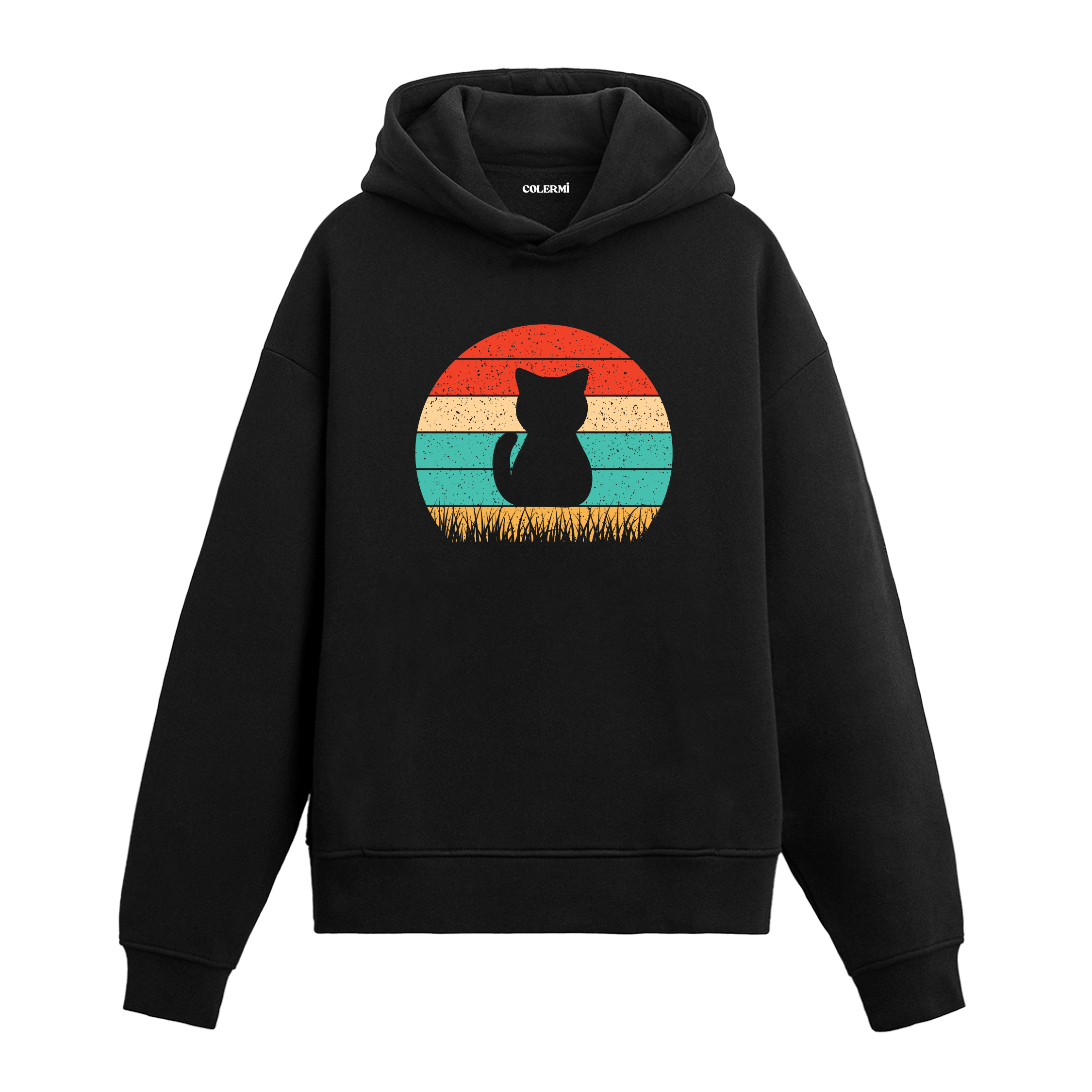 Retro günbatımı dairesinde çim üstünde oturan kedi baskılı siyah hoodie