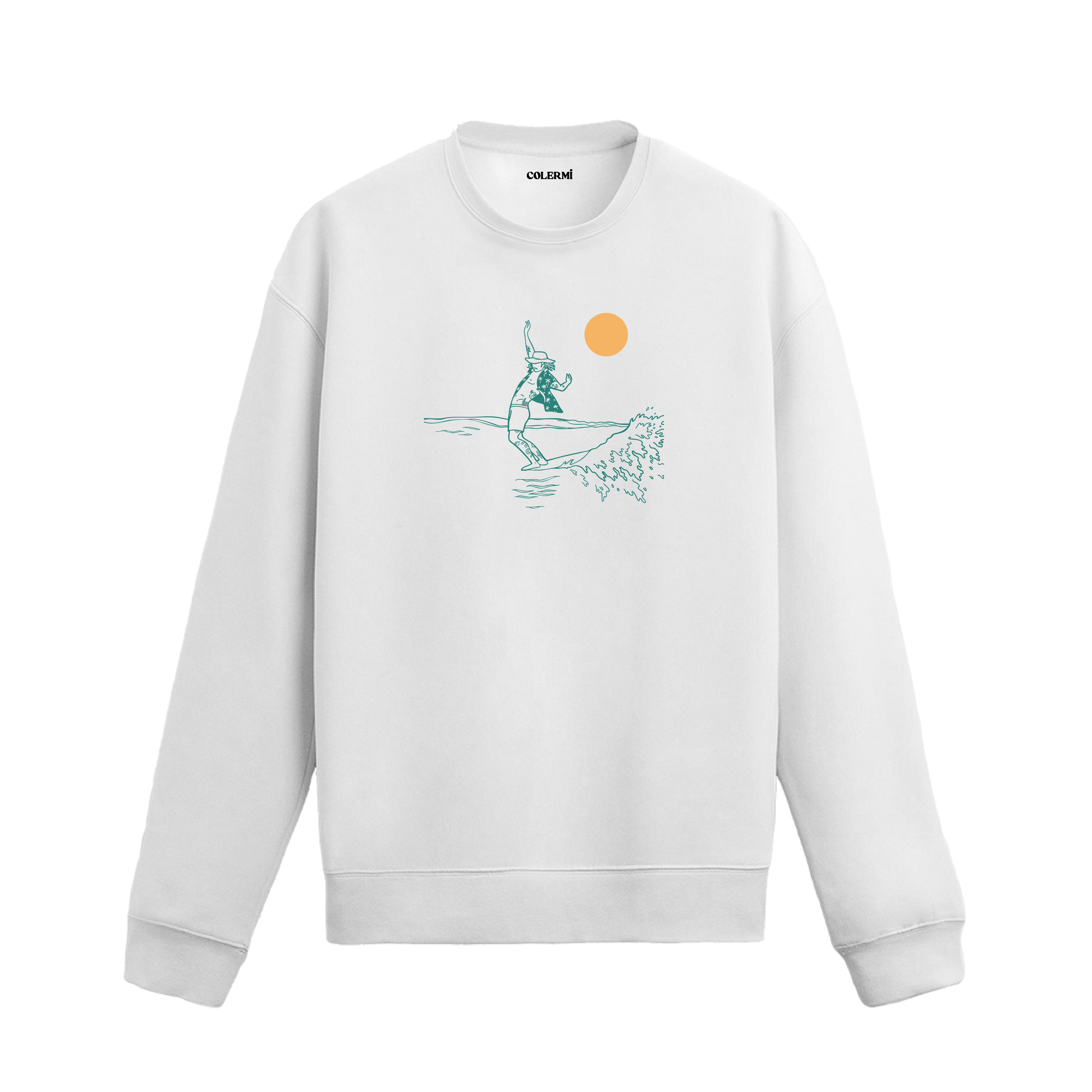 Güneş altında dalgaların üzerinde süzülen sörfçü figürlü sweatshirt tasarımı.