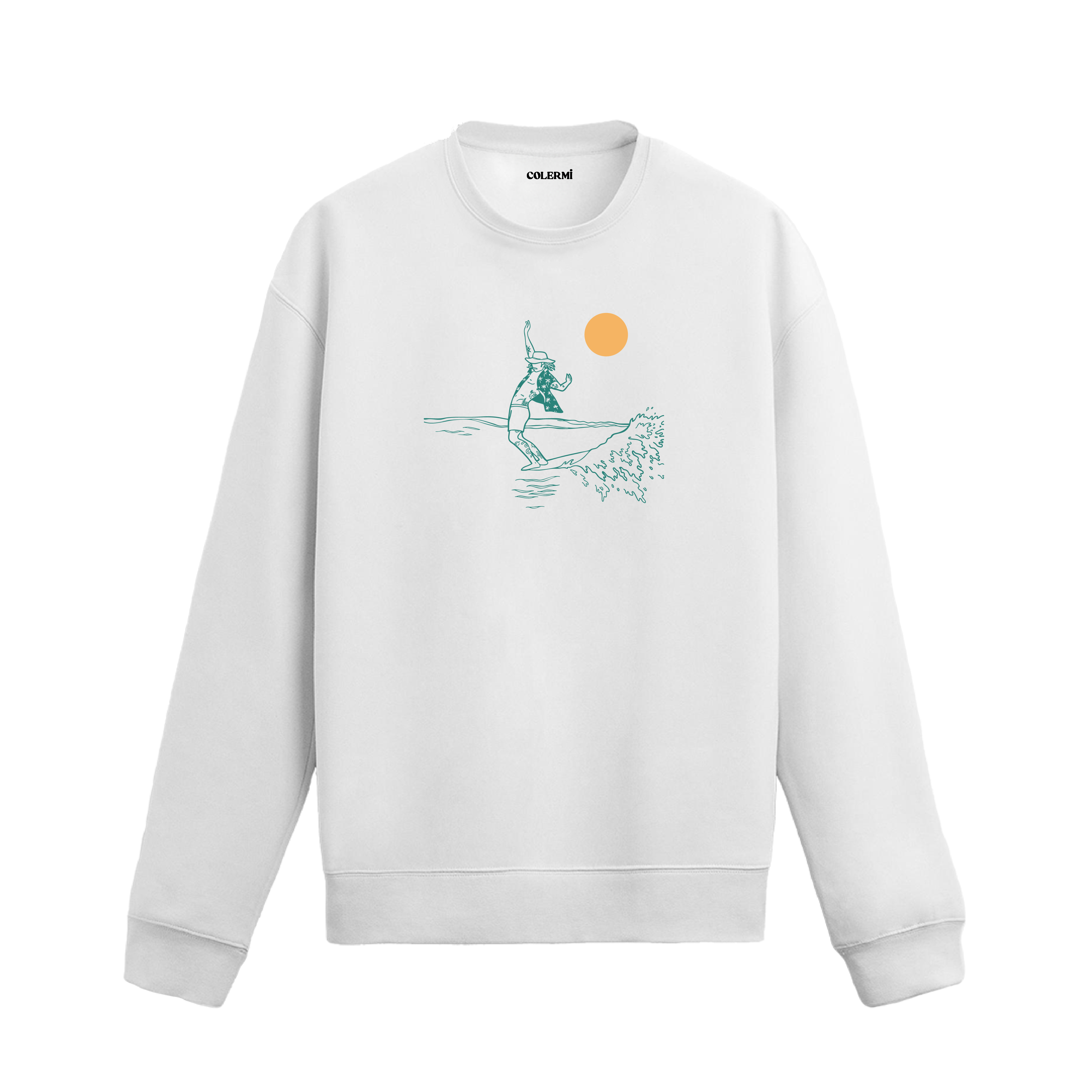 Güneş altında dalgaların üzerinde süzülen sörfçü figürlü sweatshirt tasarımı.