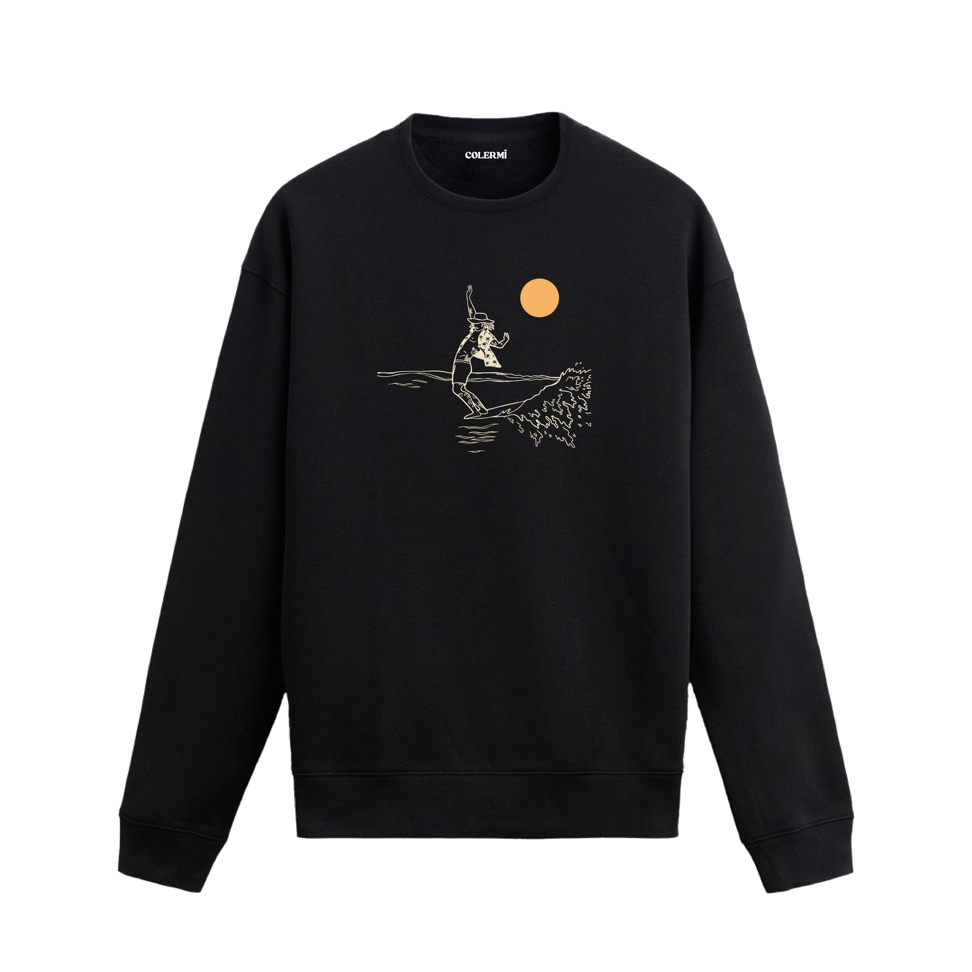Güneş altında dalgaların üzerinde süzülen sörfçü figürlü sweatshirt tasarımı.