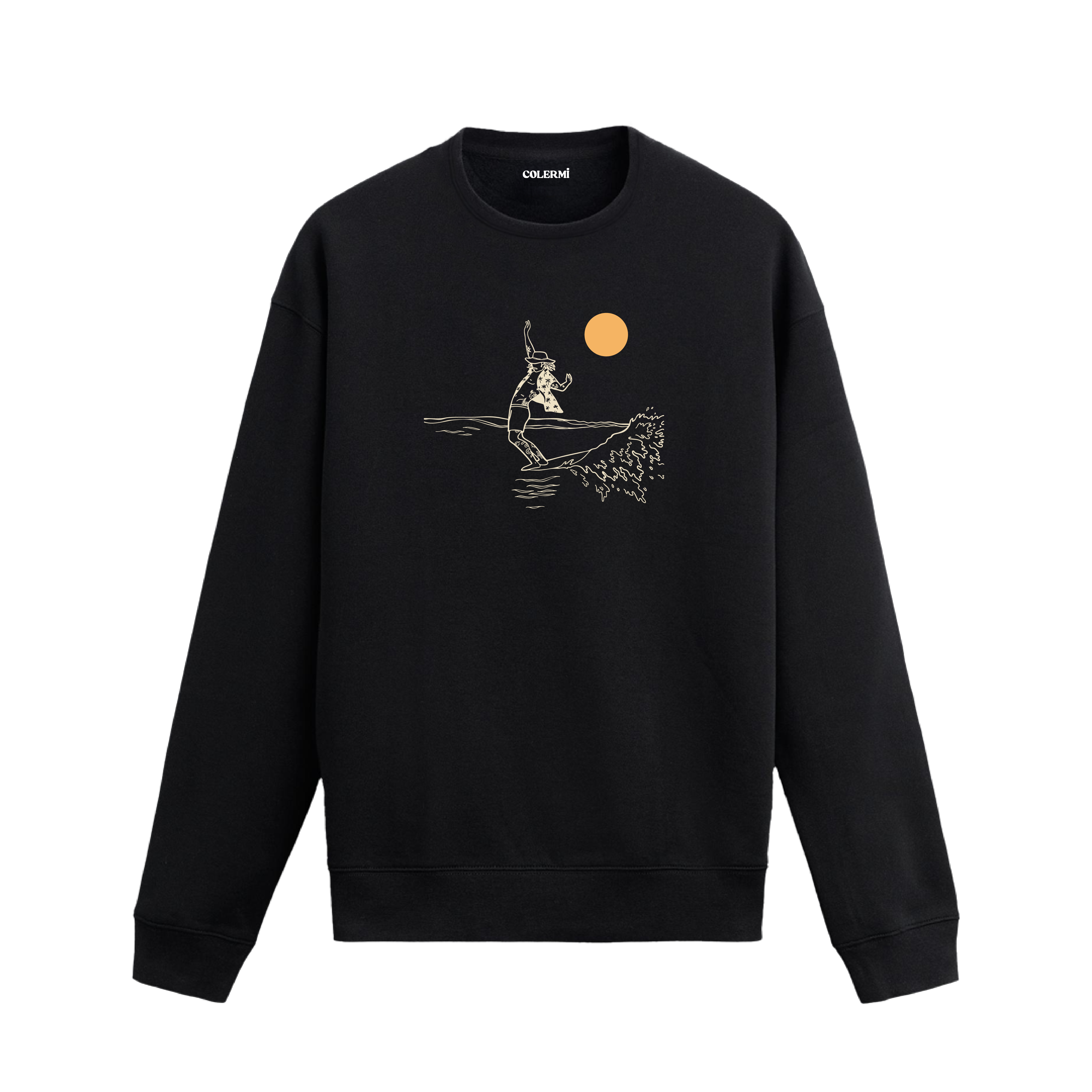 Güneş altında dalgaların üzerinde süzülen sörfçü figürlü sweatshirt tasarımı.