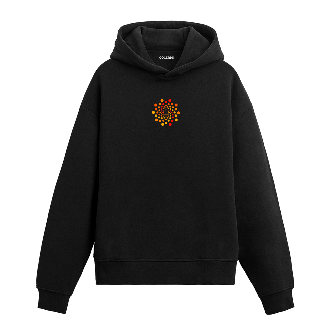 Siyah hoodie üzerinde minimal güneş deseni baskısı