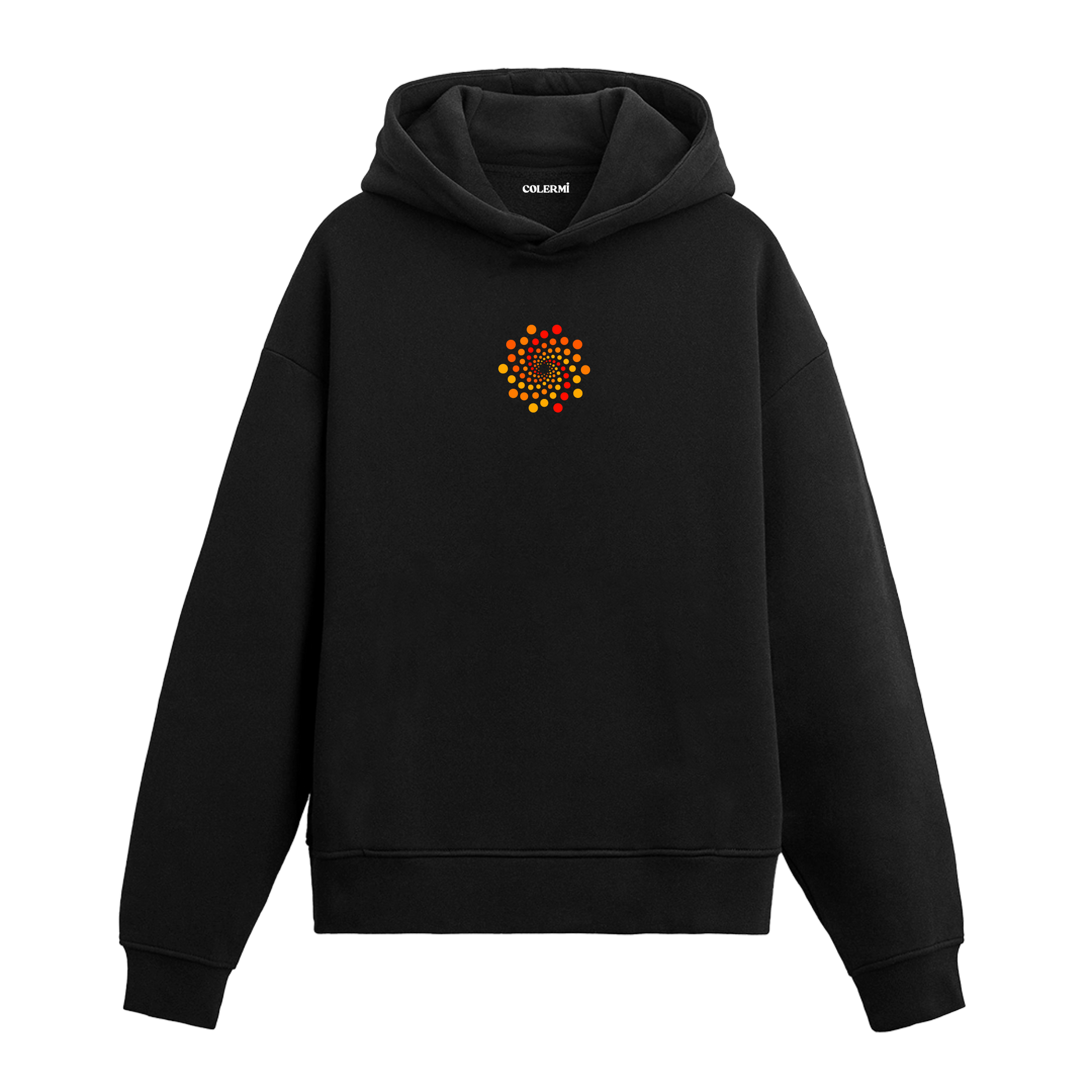 Siyah hoodie üzerinde minimal güneş deseni baskısı