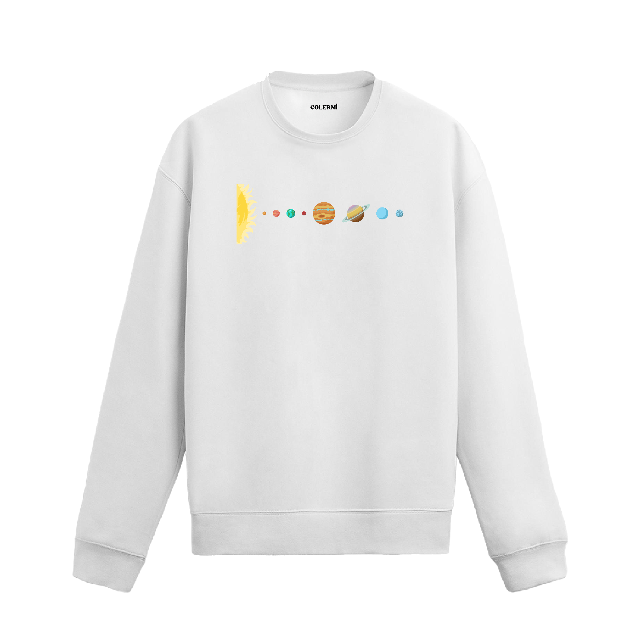 Beyaz sweatshirt üzerinde Güneş'ten Neptün’e kadar gezegenlerin dizildiği sade uzay temalı tasarım