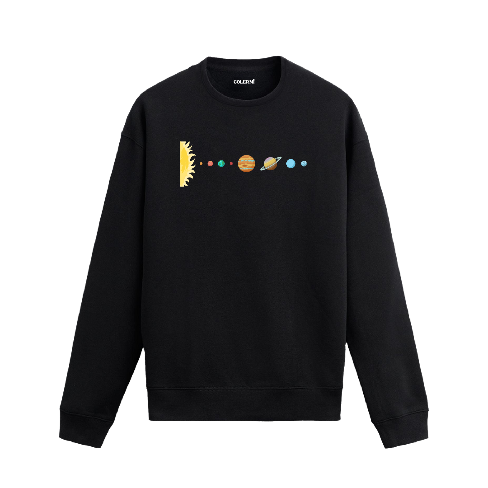 Siyah sweatshirt üzerinde Güneş'ten Neptün’e kadar gezegenlerin dizildiği sade uzay temalı tasarım