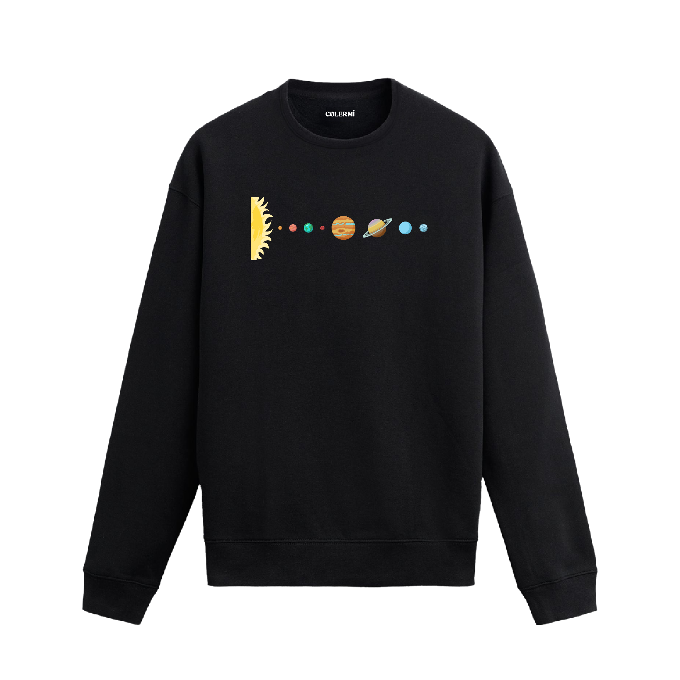 Siyah sweatshirt üzerinde Güneş'ten Neptün’e kadar gezegenlerin dizildiği sade uzay temalı tasarım