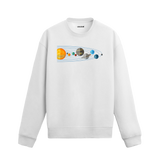 Güneş sisteminin gezegenlerini ve yörüngelerini içeren bilimsel tasarımlı beyaz sweatshirt.