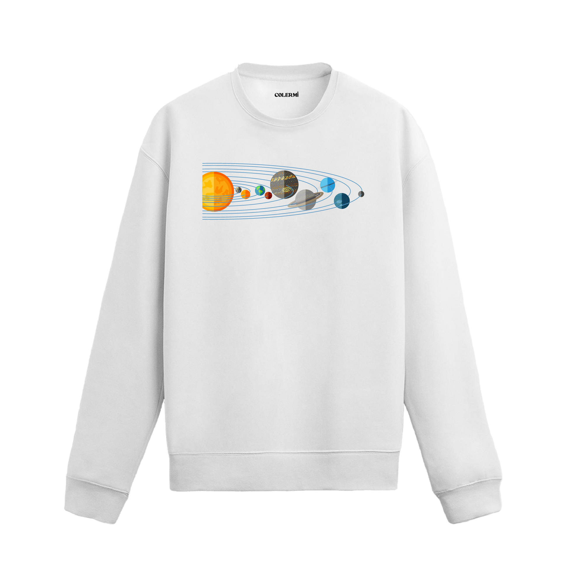 Güneş sisteminin gezegenlerini ve yörüngelerini içeren bilimsel tasarımlı beyaz sweatshirt.
