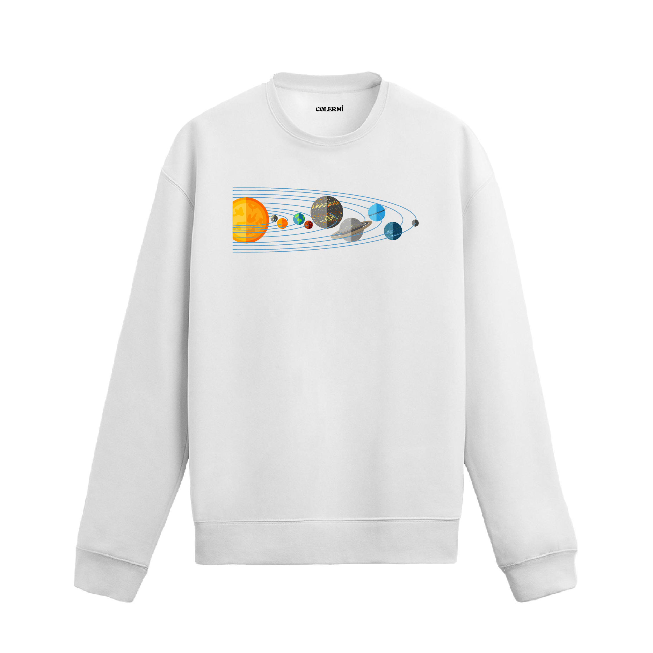 Güneş sisteminin gezegenlerini ve yörüngelerini içeren bilimsel tasarımlı beyaz sweatshirt.