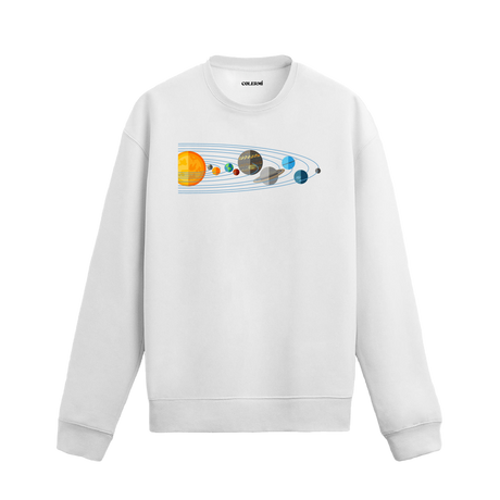 Güneş sisteminin gezegenlerini ve yörüngelerini içeren bilimsel tasarımlı beyaz sweatshirt.