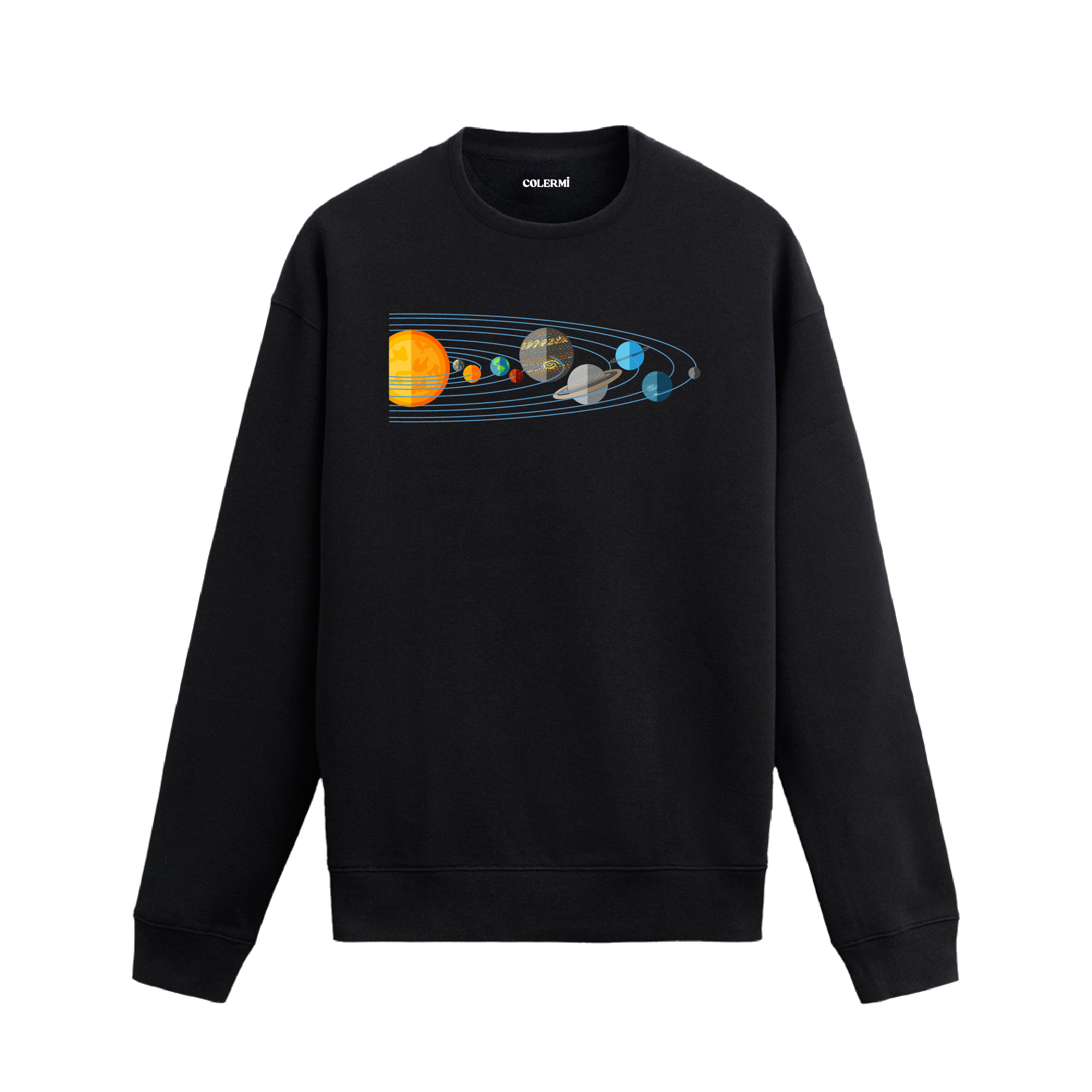 Güneş sisteminin gezegenlerini ve yörüngelerini içeren bilimsel tasarımlı siyah sweatshirt.