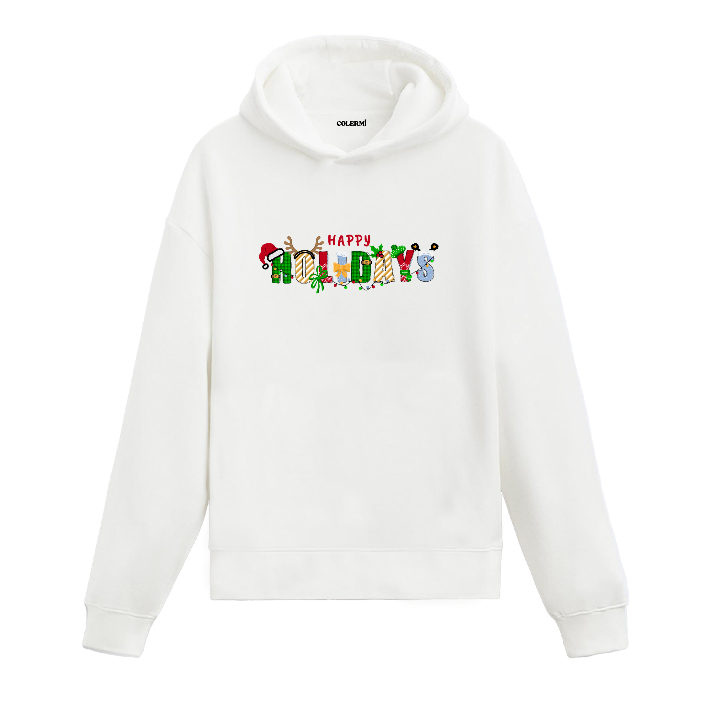 Beyaz hoodie, Happy Holidays yazısı baskılı, Noel Baba şapkası ve ışıklı detaylı tasarım