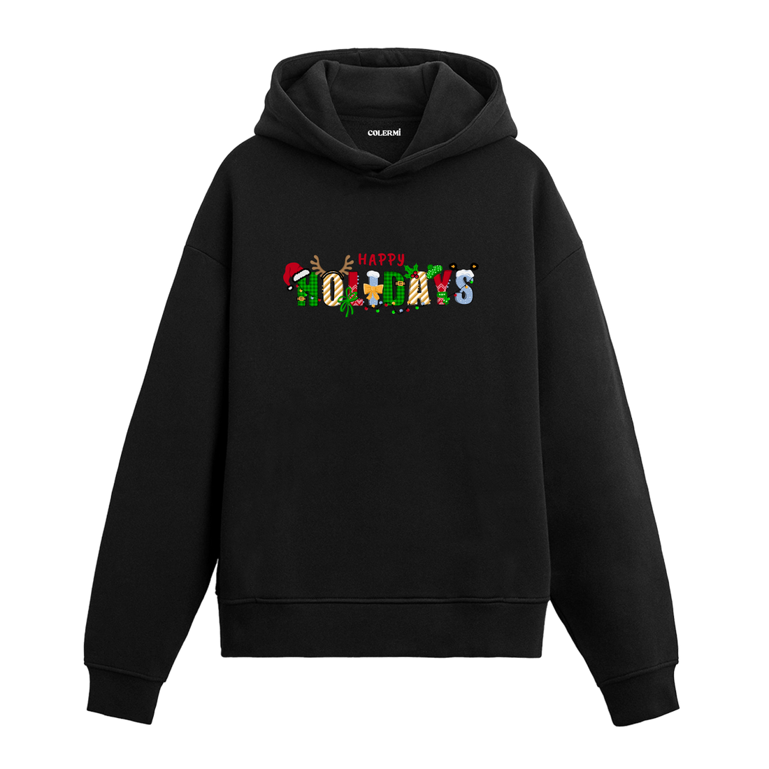 Siyah hoodie, Happy Holidays yazılı yılbaşı baskısı, ışıklı ve şapkalı tasarım