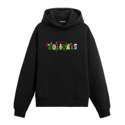 Siyah hoodie, Happy Holidays yazılı yılbaşı baskısı, ışıklı ve şapkalı tasarım