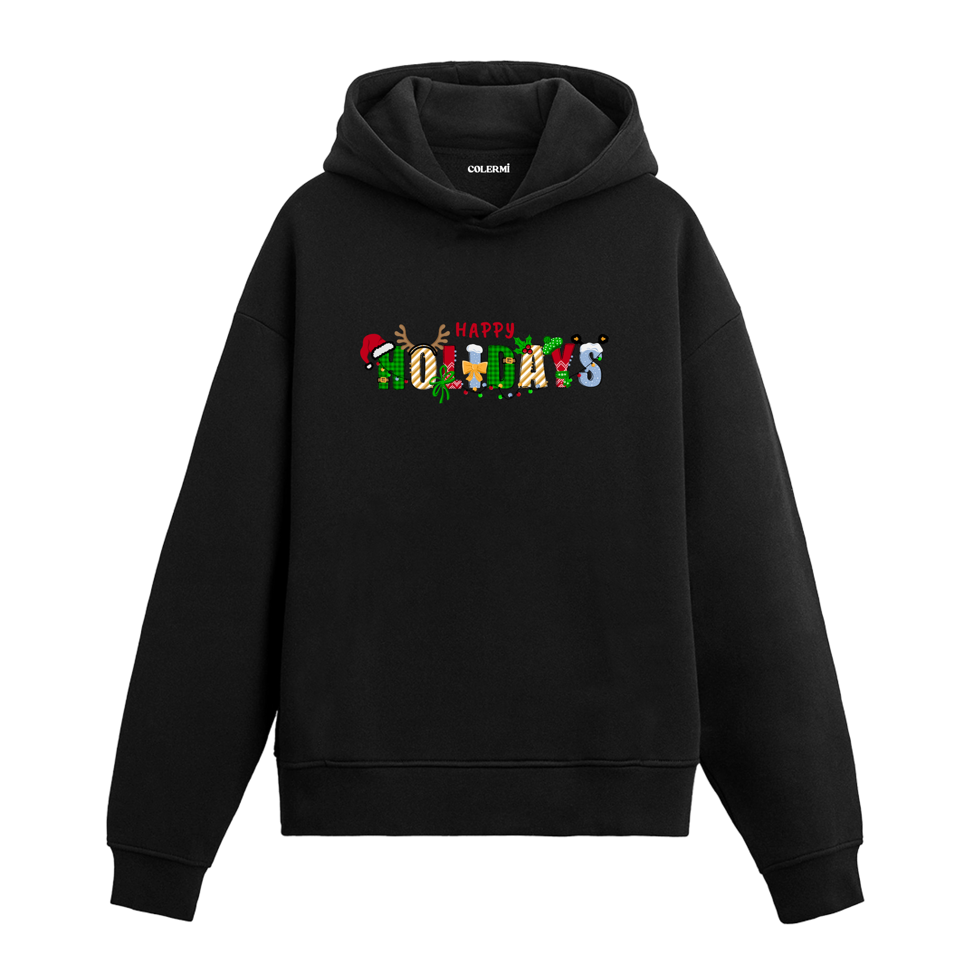 Siyah hoodie, Happy Holidays yazılı yılbaşı baskısı, ışıklı ve şapkalı tasarım