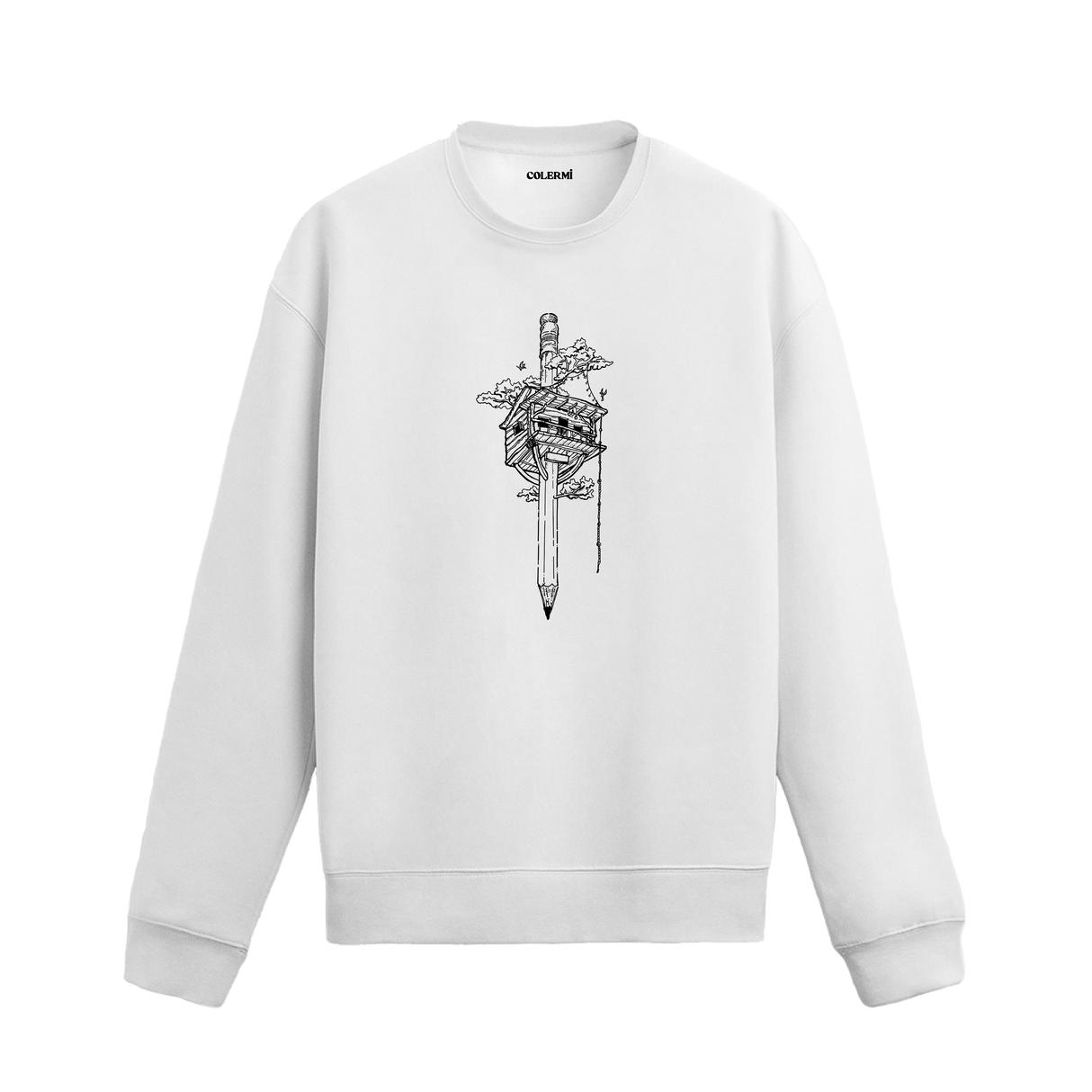 Kalem ucunda ağaç ev, kuş ve ip detaylı Colermi sweatshirt.