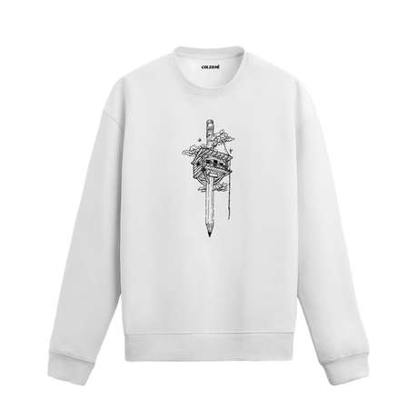 Kalem ucunda ağaç ev, kuş ve ip detaylı Colermi sweatshirt.
