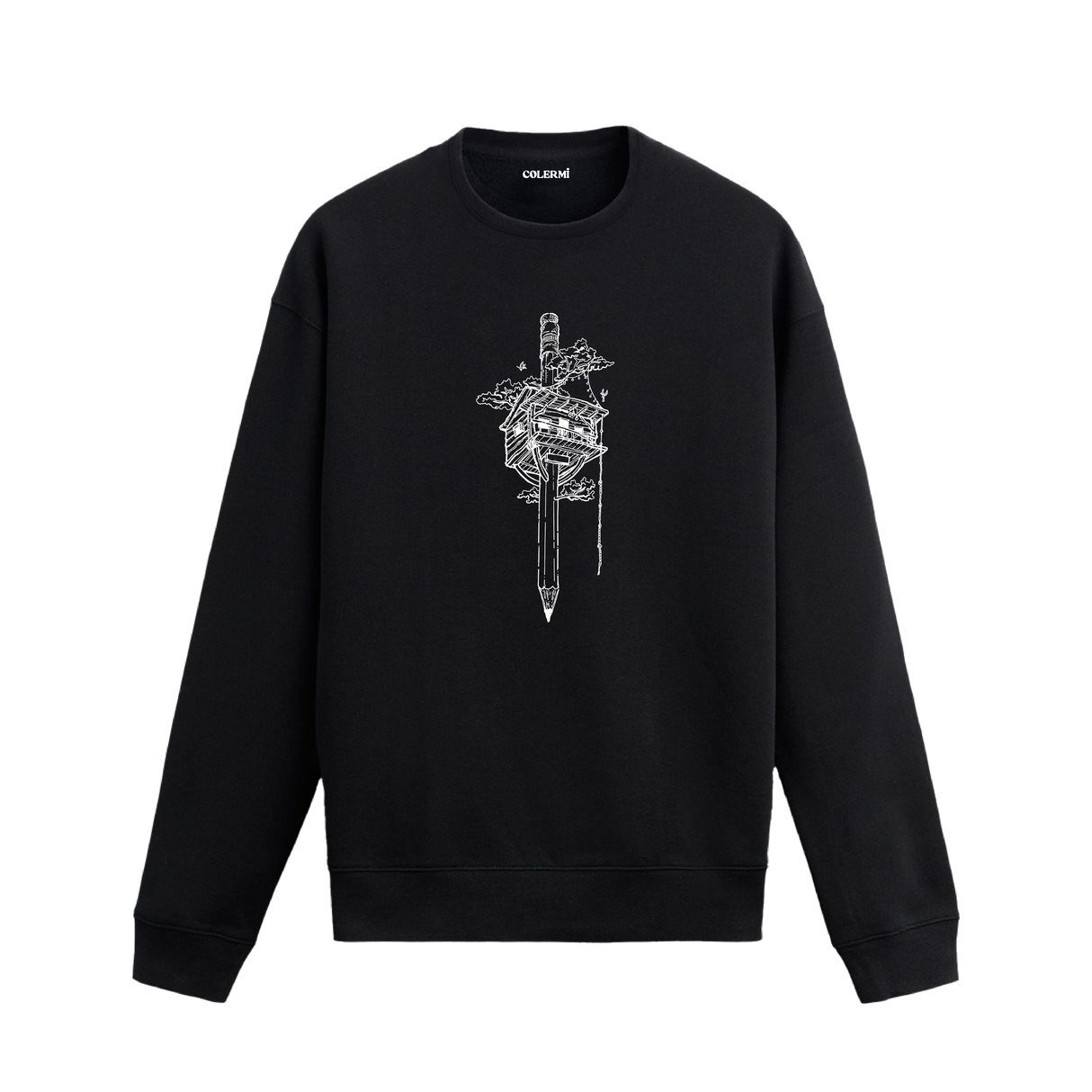 Kalem ucunda ağaç ev, kuş ve ip detaylı Colermi sweatshirt.