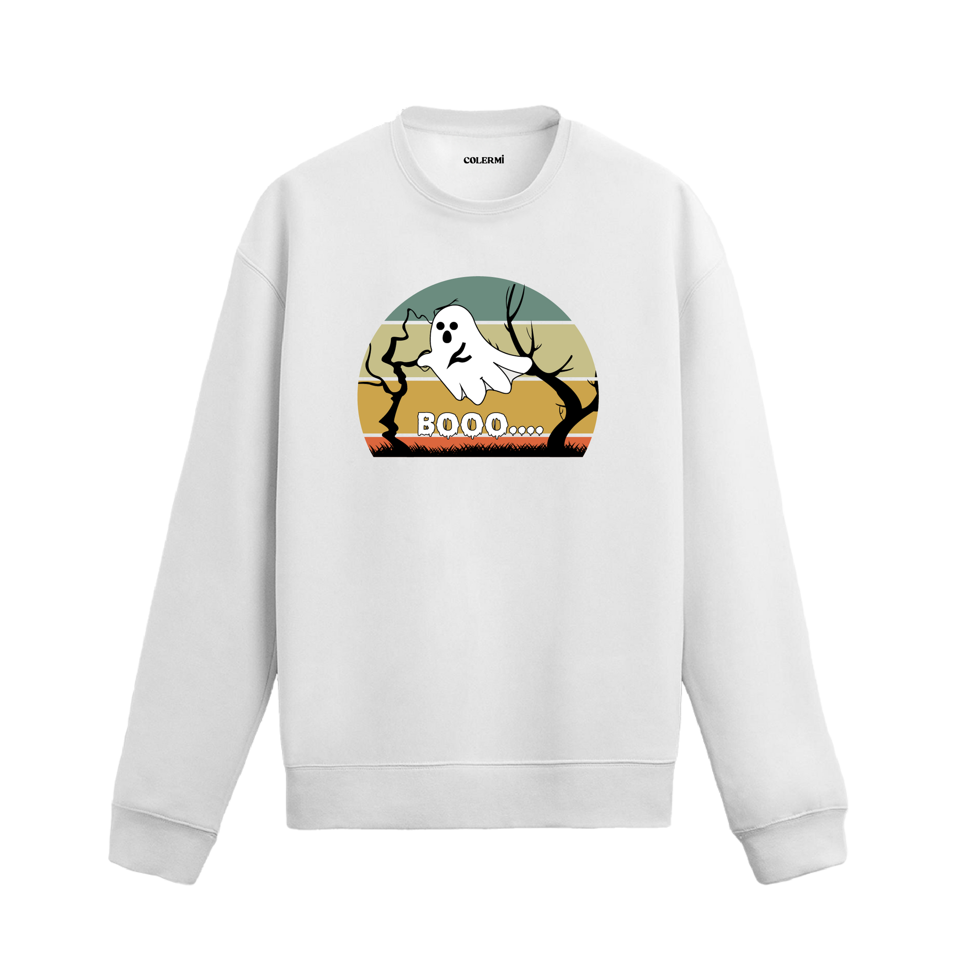 “Buuu…” yazılı, retro gün batımı fonlu hayalet baskılı beyaz sweatshirt