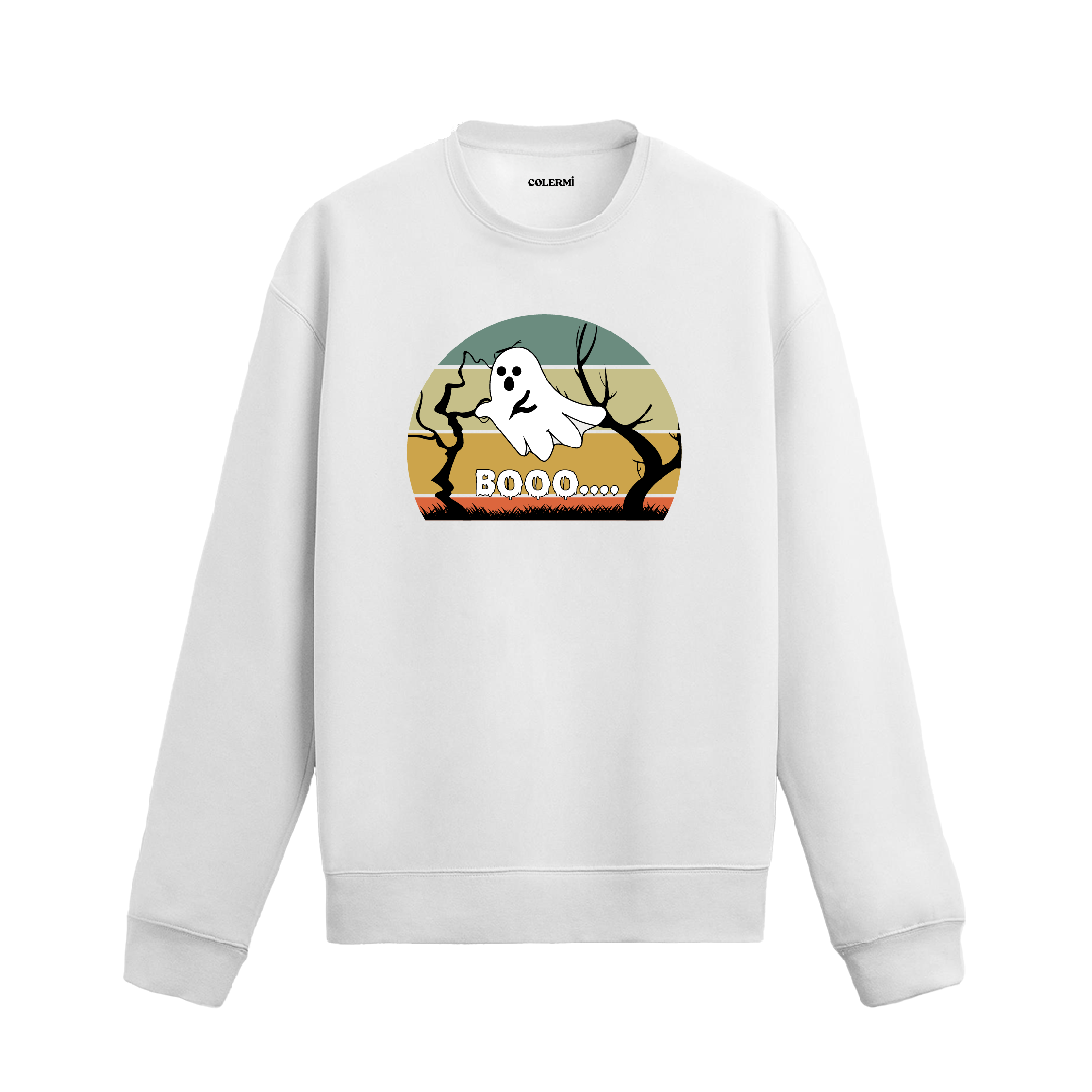 “Buuu…” yazılı, retro gün batımı fonlu hayalet baskılı beyaz sweatshirt